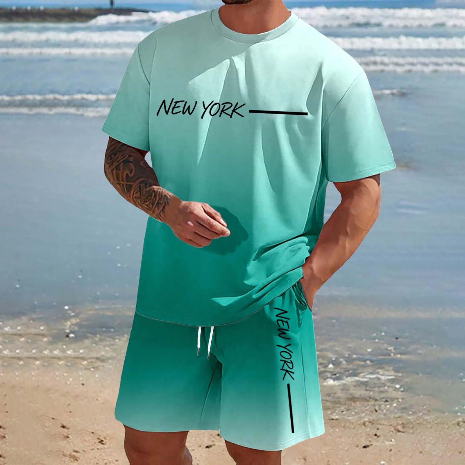 Conjunto Casual de Verano para Hombre Camiseta Manga Corta y Pantalones Cortos Estampado Degradado