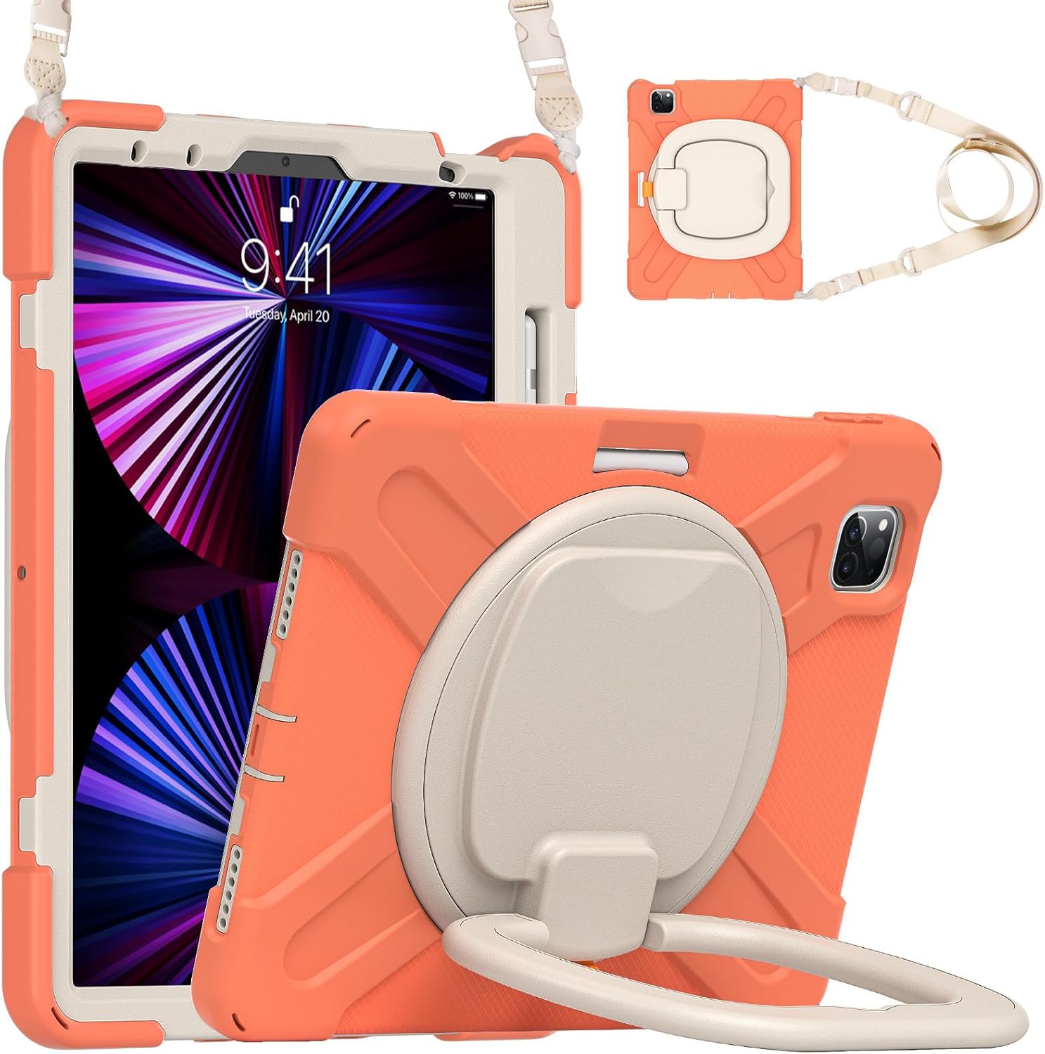 Case for iPad Air 11 M3 2025/iPad Air 11 M2 2024, 360 Degree Rotating Hand Grip Kickstand Shockproof Cover with Shoulder Strap, Coral Orange