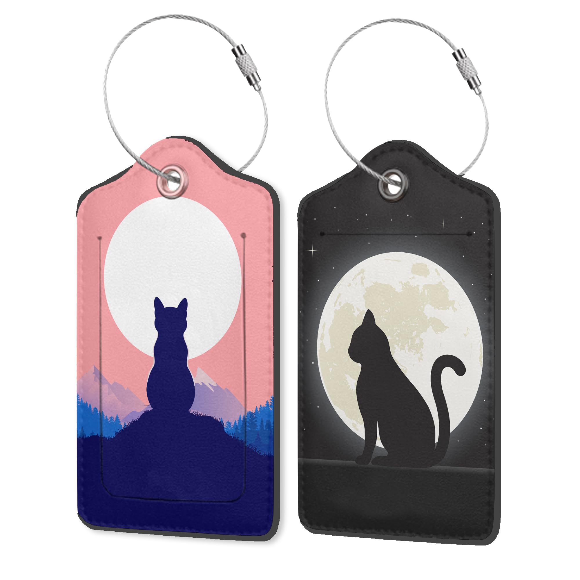 Black Cat The Night Sky 2 Pack PU Leather Luggage Tags for Suitcase, Calm Cat on Hilltop Travel Tag with Privacy Flap, Name ID Label and Metal Loop