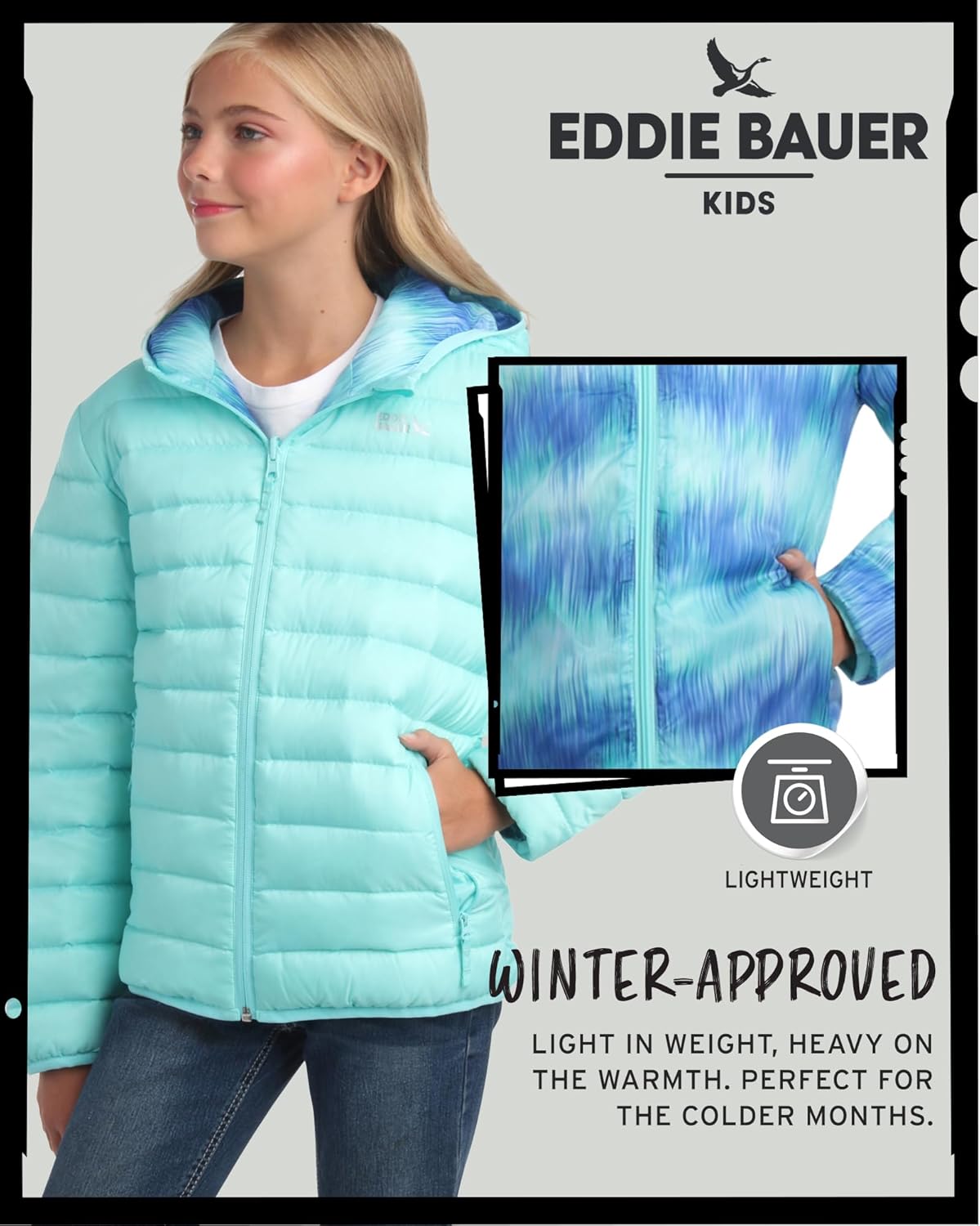 Eddie Bauer Girls' Jacket - CirrusLite Weather Resistant Down Coat for Girls - Insulated Quilted Bubble Puffer (3-20), Size 14-16, Aruba Blue - Reversible