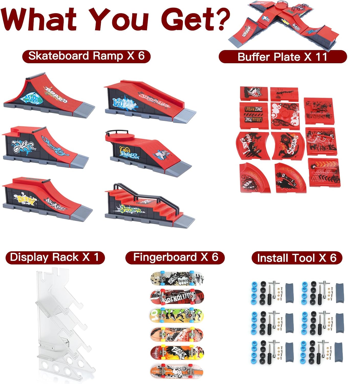 Gr8ware Finger Skateboard Ramp Set, 6 in 1 Plus 11 Buffer Plates Mini Skatepark for Fingerboard, Figure Boarding Skate Park, Fingerboard Skatepark Halfpipe Obstacle Deck for Holiday Party Favors