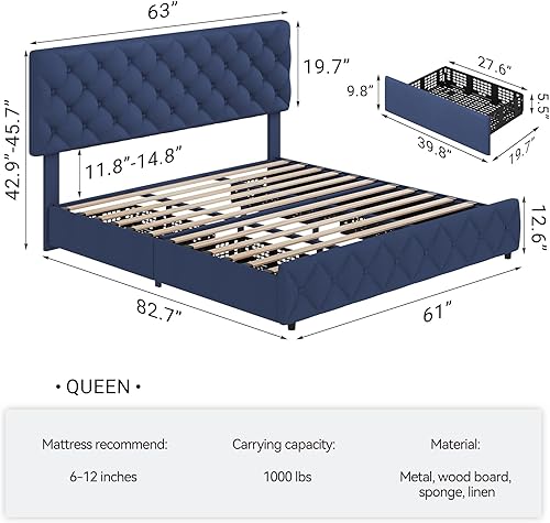 Miniatura 2 de IDEALHOUSE Base de cama tamaño Queen con 4 cajones de almacenamiento y cabecera ajustable, camas de plataforma tapizadas con tapizado de rombos para