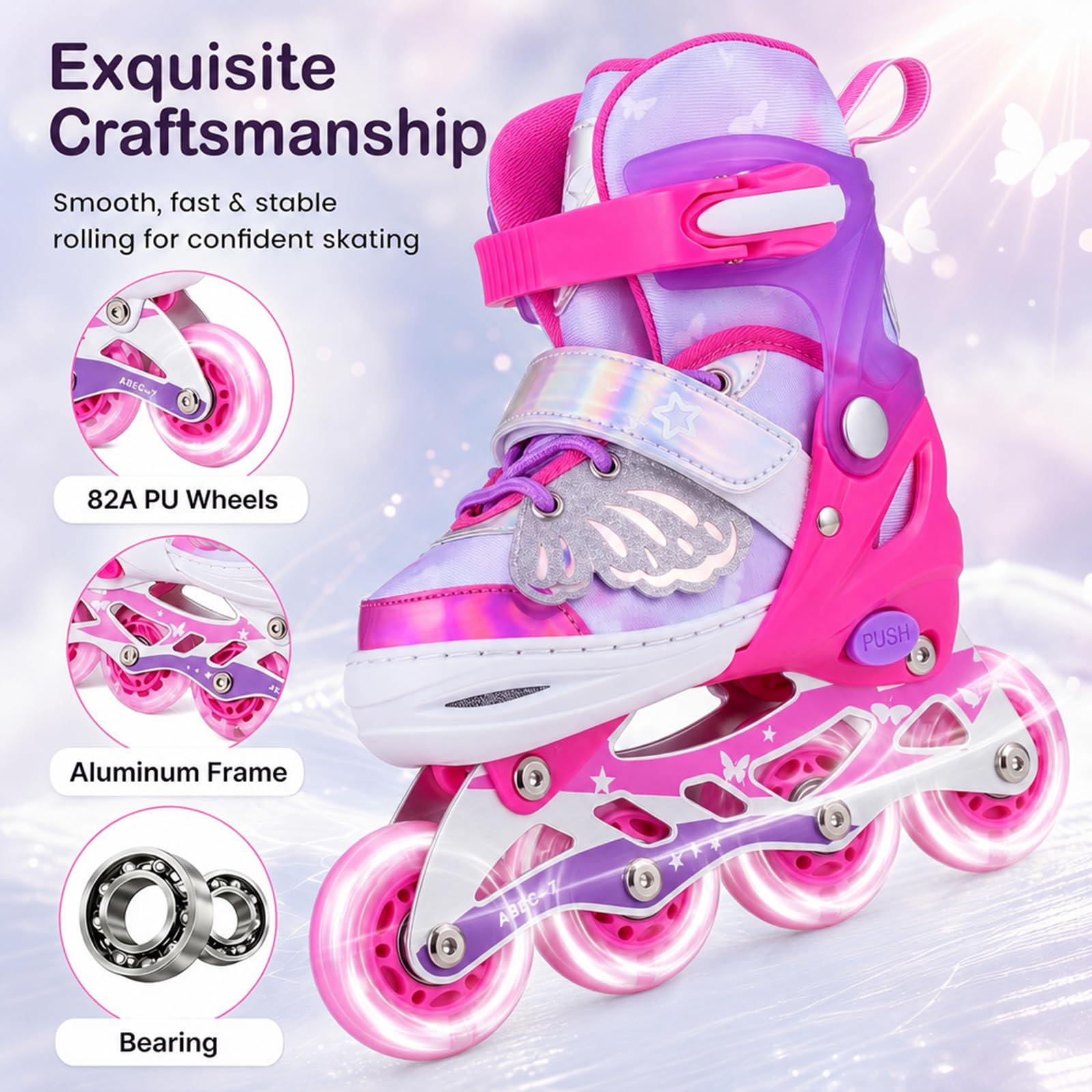 HOMASIS Patins a roulettes Enfant Réglables sur 4 Pointures avec 8 Roues Lumineuses LED, Rollers en Ligne pour Fille Garçon 5-14Ans, Rollers Quad Débutant Evolutif avec Frein