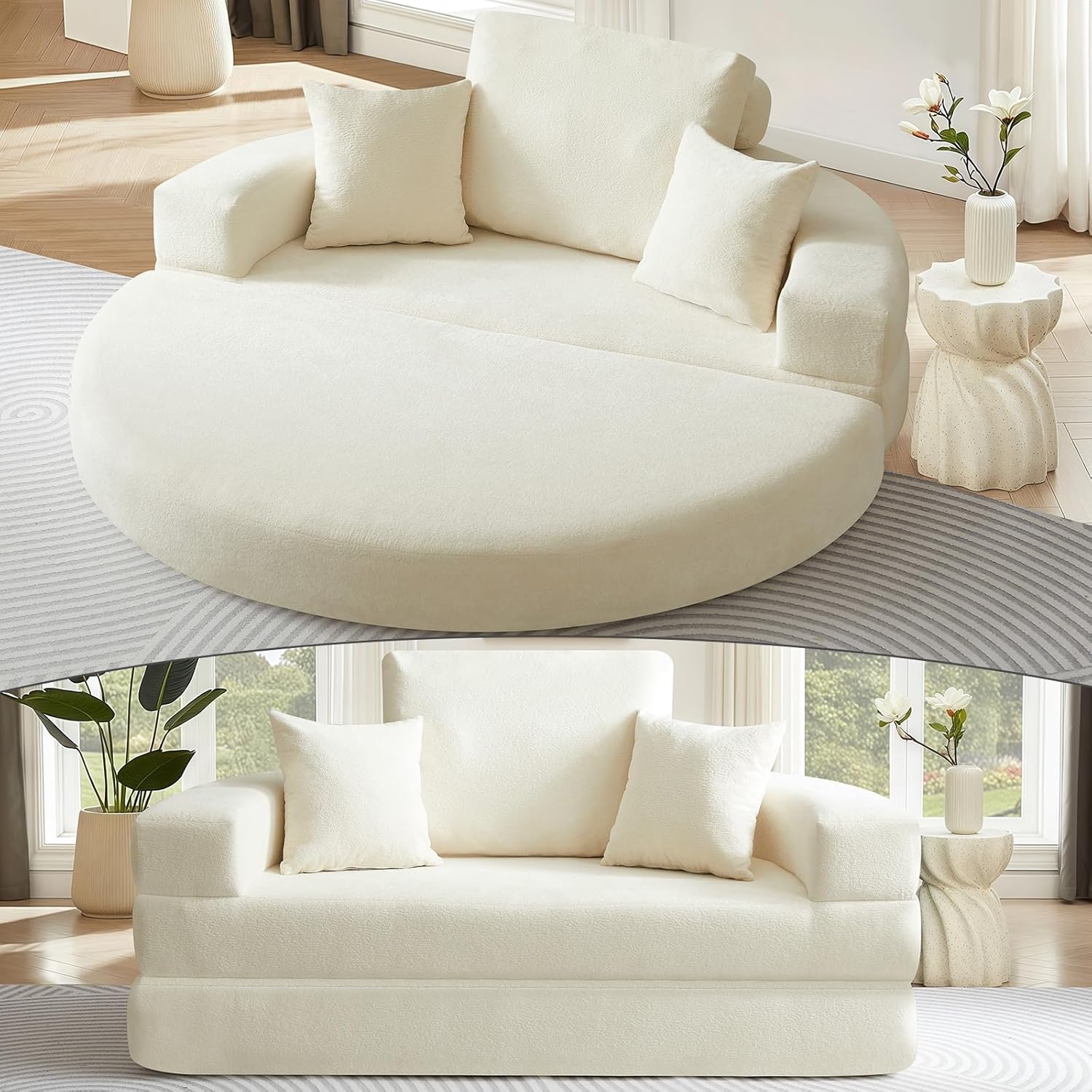 Round Convertible Folding Sofa Bed, Boneless Couch Bed with Wide Armrest and Comfy Pillows, Fold-Out Compressed Floor Couch for Living Room, Apartment, Dorm, Small Spaces, Guest Room, Teal Blue