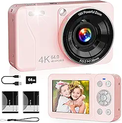 Câmera digital, câmera digital 4K 64MP, zoom 18x, aponte e atire com cartão TF de 64 GB e 2 baterias, câmera pequena portátil recarregável para crianças, adolescentes e adultos, rosa