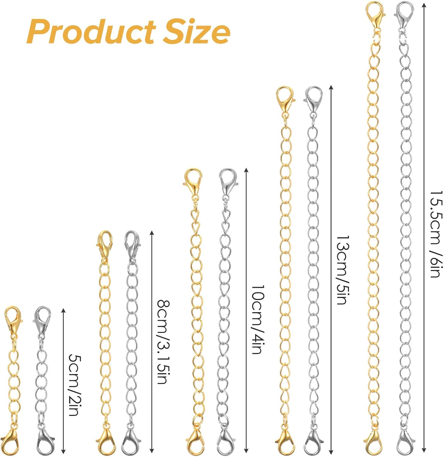 10 PCS Chain Extender for Necklaces, Gold Silver Jewelry Extenders for Necklaces Bracelets Anklets, Versatile Chain Extension for Women Jewelry Making (2 3 4 5 6 Inch) - Image 3