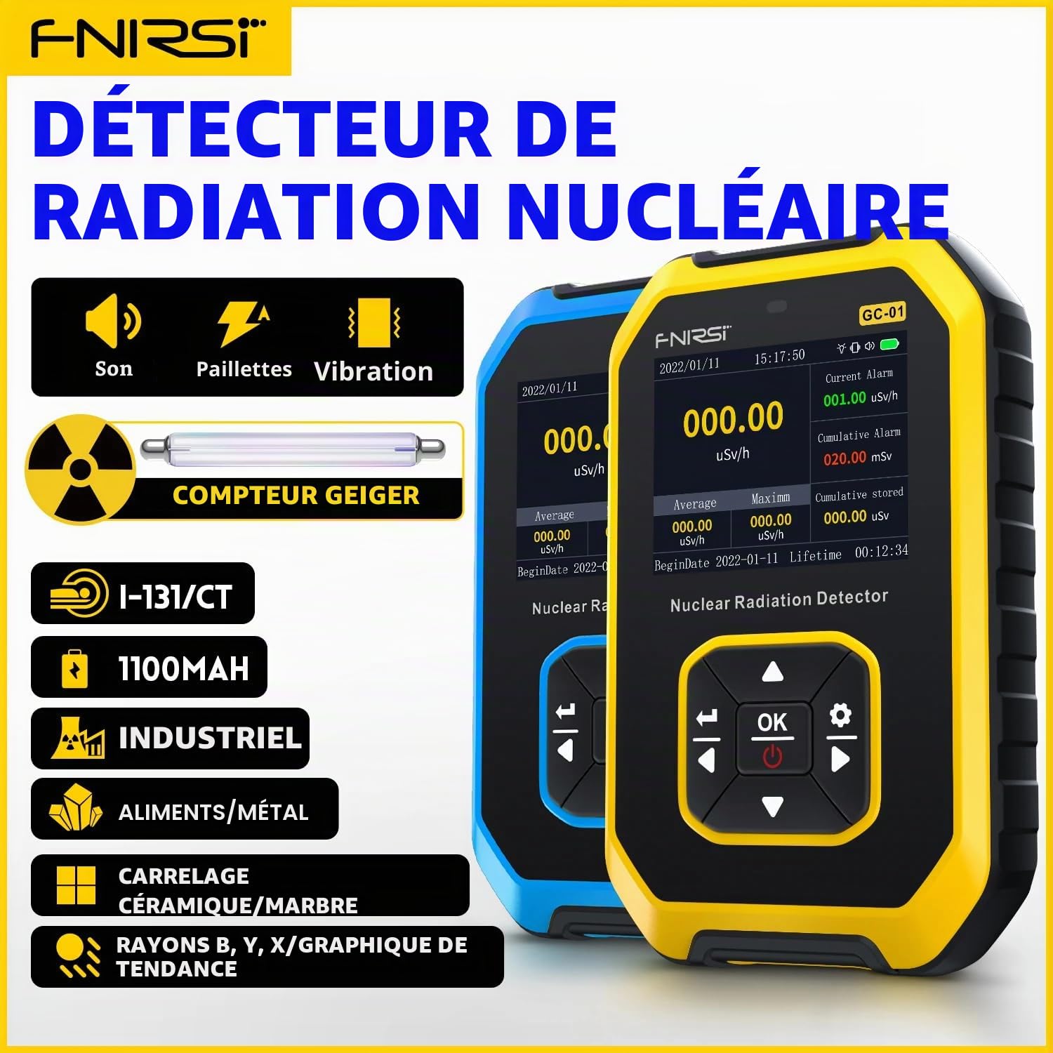 Fnirsi Détecteur de rayonnement nucléaire Geiger counter GC-01 Geiger counter Dosimètre personnel X-ray γ-ray β-ray Testeur de radioactivité détecteur de marbre (jaune)