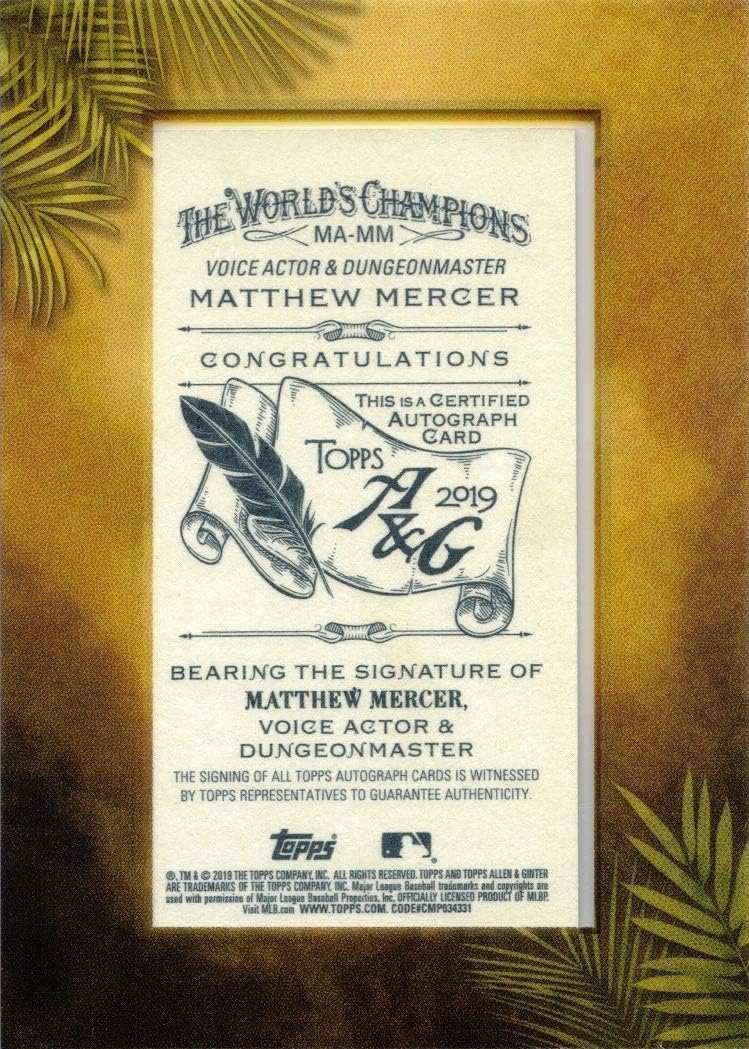 2019 Topps Allen & Ginter #MA-MM Matthew Mercer Certified Autograph Baseball Card