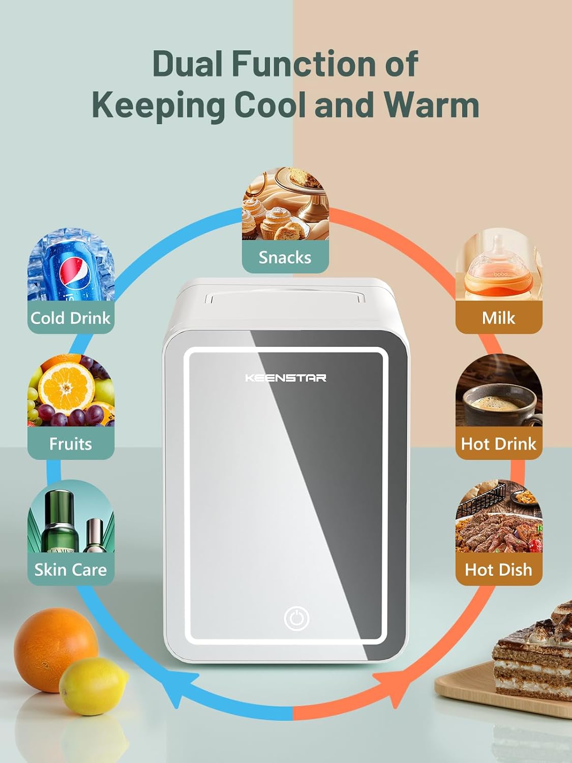 KEENSTAR Skincare Mini Fridge (6L/8 Can) with LED Mirror, Portable Cooler & Warmer Mini Fridge for Home/Car, Portable Thermoelectric Refrigerator for Cosmetics, Skincare & Food
