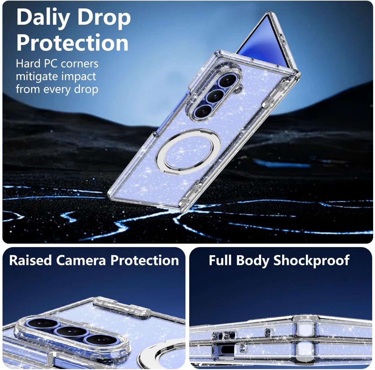 Meshine for Galaxy Z Fold 7 Case,[Compatible with MagSafe][Hinge Protection][Built-in Screen Protector][360°Magnetic Ring Stand],Shockproof Hard Case for Samsung Galaxy Z Fold 7(2025),Bling Clear