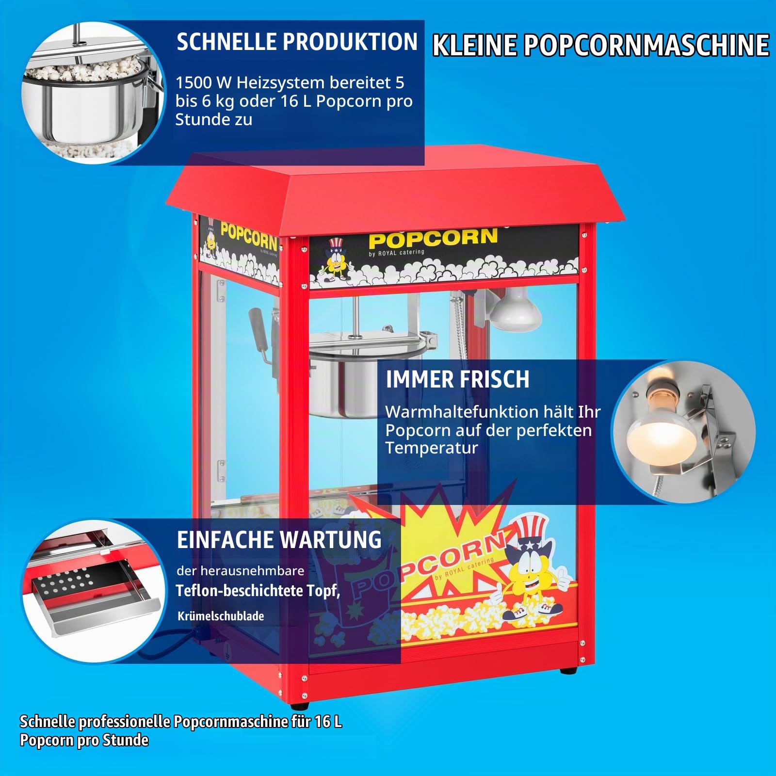 Royal Catering Popcornmaschine Retro-Design in Rot 1500 W 5 kg/h beleuchteter Innenraum Wärmefunktion entnehmbarer Topf mit Antihaftbeschichtung Krümelschublade Popcornmaker Popcornautomat