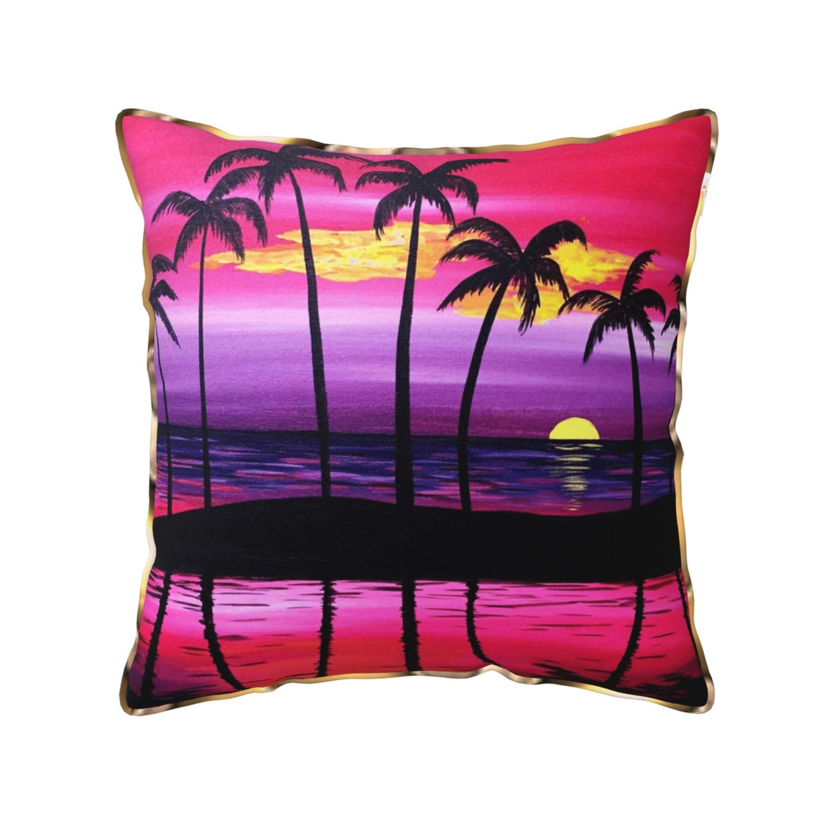 AUBKFELD Palm Tree Sunset Design Printed Velvet Cushion Cover 40x40 CM with Gold Edging Strip, Square Pillowcase Soft Throw Pillow Covers Case Decorative for Living Room Sofa Couch Bed Bench
