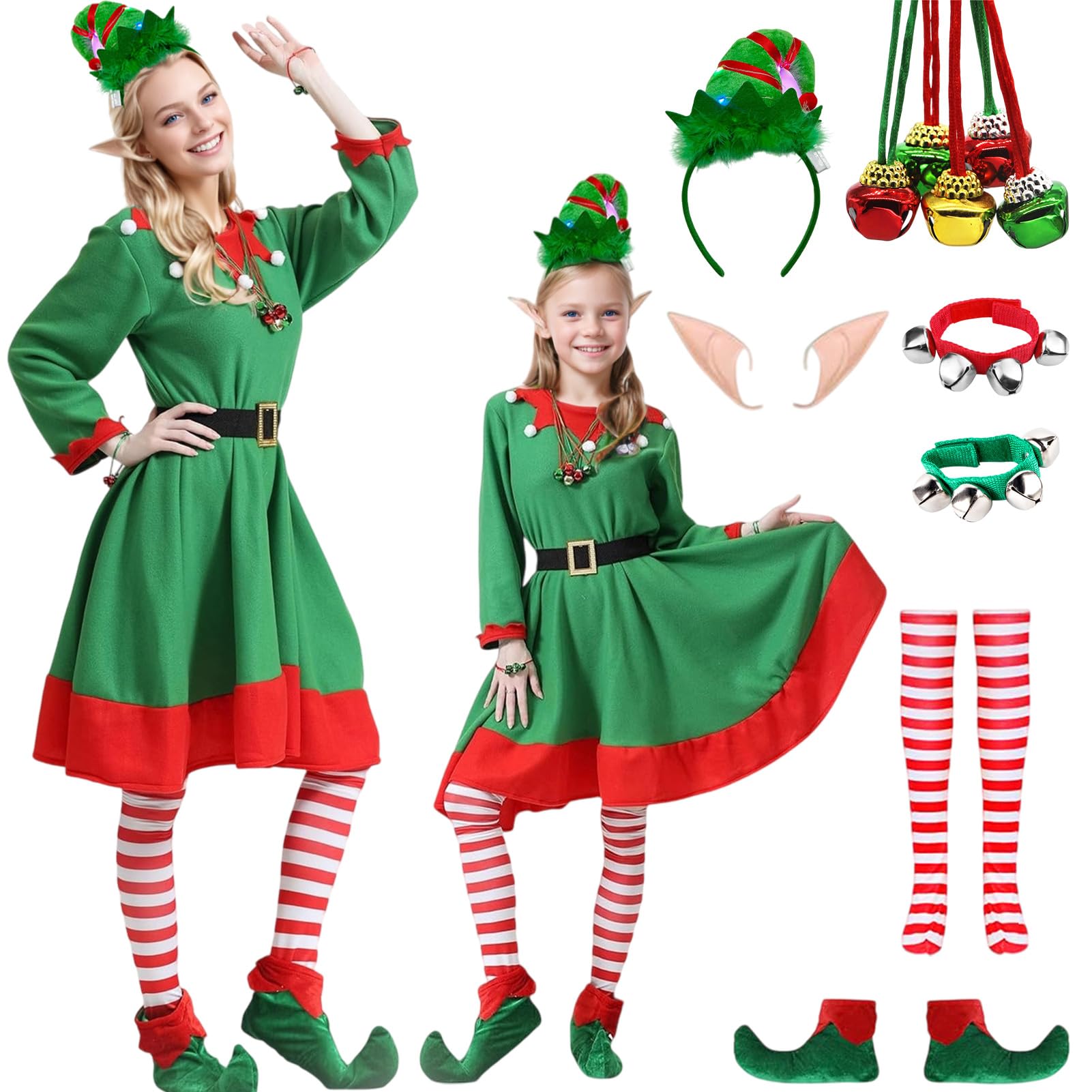 Forfamy Christmas Elf Costume for Kids Girls Helper Costume Sequin Elf Dress Girls for Christmas Party Xmas Santas Festive Outfit (WOMEN