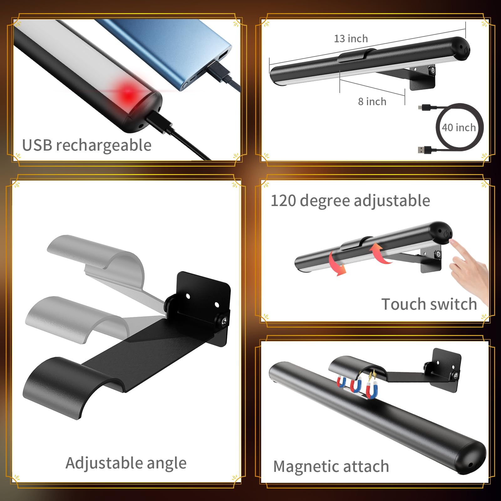 Swatia Picture Light, Wall Lights Wireless, Metal Body high Bright Picture Art Dart Board, Large Wall Art Lights, 300 lumens Adjustable Brightness (2 Pack Black)