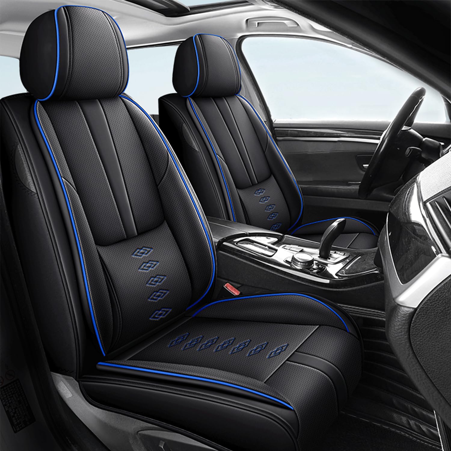 Car Seat Covers for Neon,for Dodge Neon 2000-2005,Leather Front Seat Covers,Airbag-Compatible Car Seat Protectors,Waterproof Seat Cover for Cars(Black+Blue,2PCS Only)