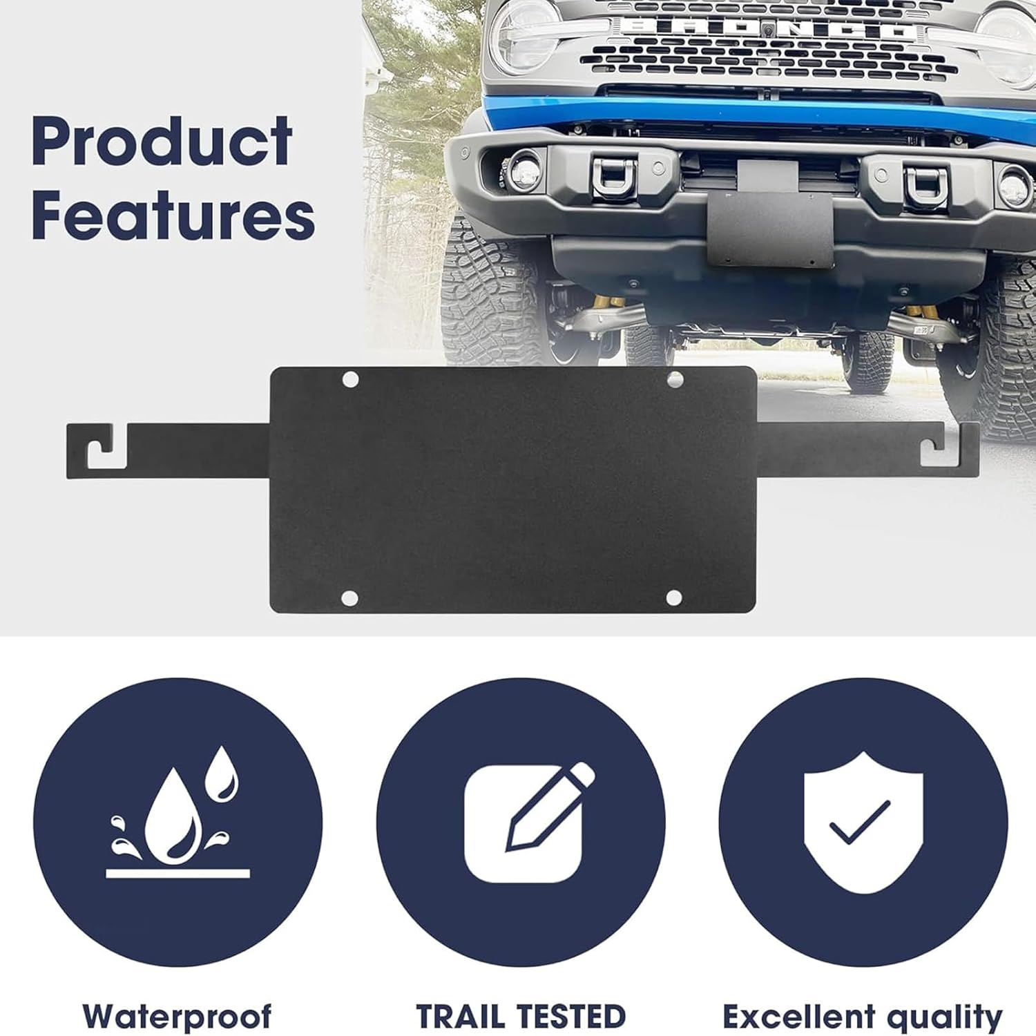 Front License Plate Relocation Bracket for 2021-2024  Ford Bronco with Factory Capable Bumper, No-Drill Mounting Kit, Relocates Plate Away from Fog Lights & Sensors (Compatible with 2/4 Door)