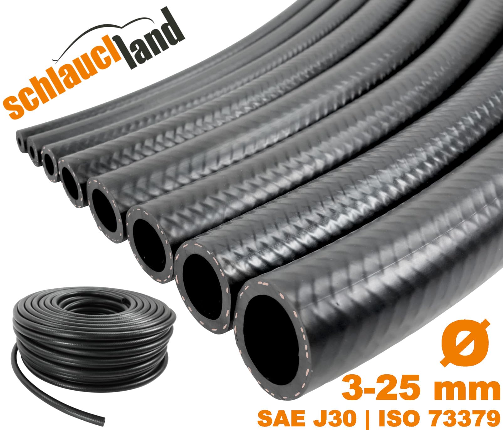 Schlauchland 5m NBR Tubo Flessibile Ø 20 x 28 mm per Carburanti Olio Gasolio Diesel E10-100°C Nero ** Molte Dimensioni e Lunghezze ** Rinforzato con Tessuto Gomma ISO 73379 Auto Moto Trattore SAE J30