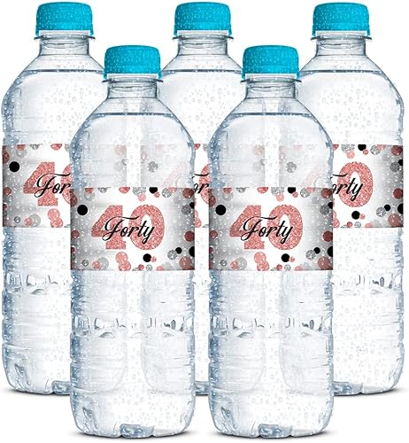 Miniatura 3 de Amanda Creation Envolturas adhesivas impermeables para botellas de agua con diseño de lunares de color oro rosa confeti, fiesta de 40 cumpleaños, 20