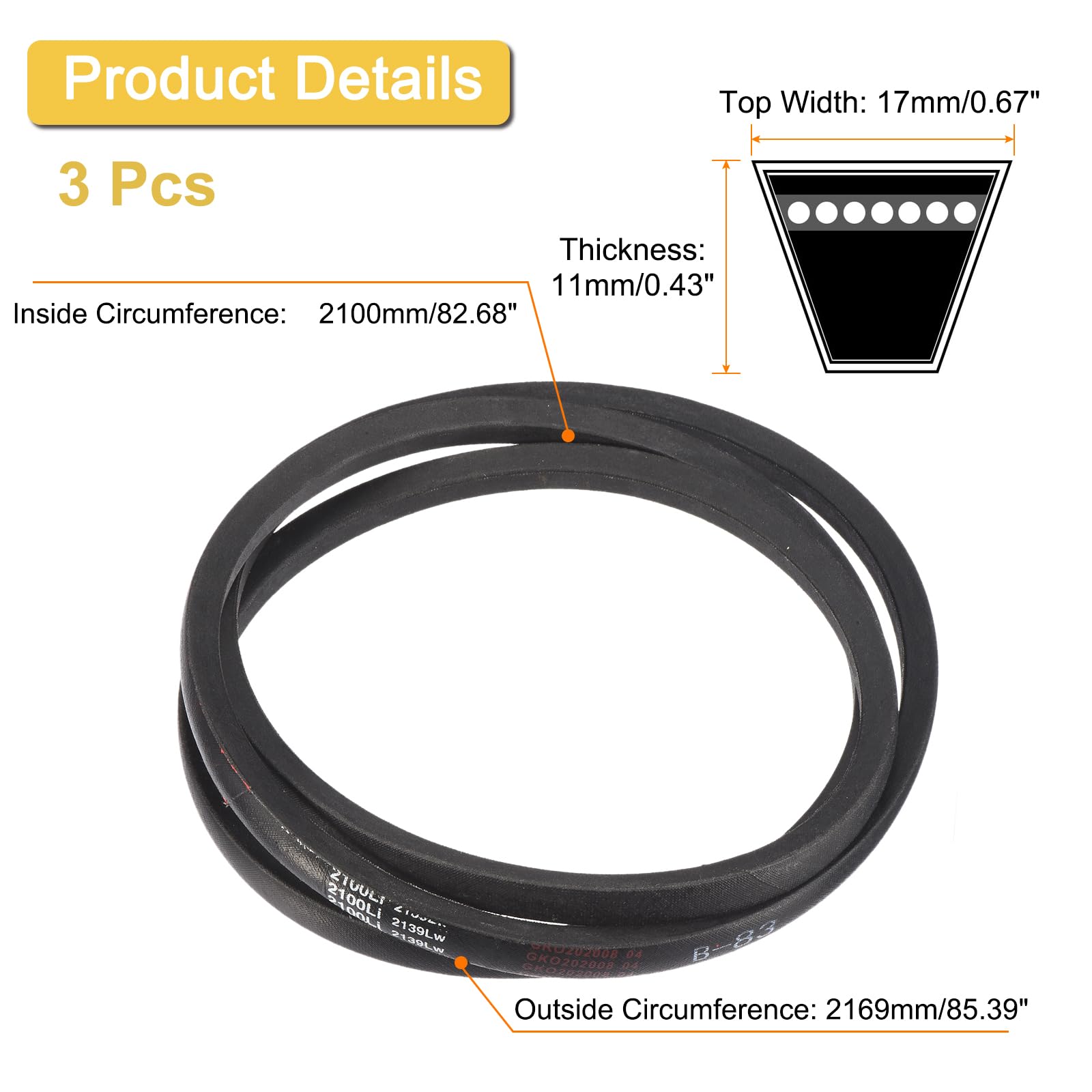 QUARKZMAN 3 Pack B83 Correa Clásica Envuelta En V, 85" Circunferencia Exterior Correa Industrial Envuelta En Goma Perfil B Correa En V Para Maquinaria Industrial, Negro