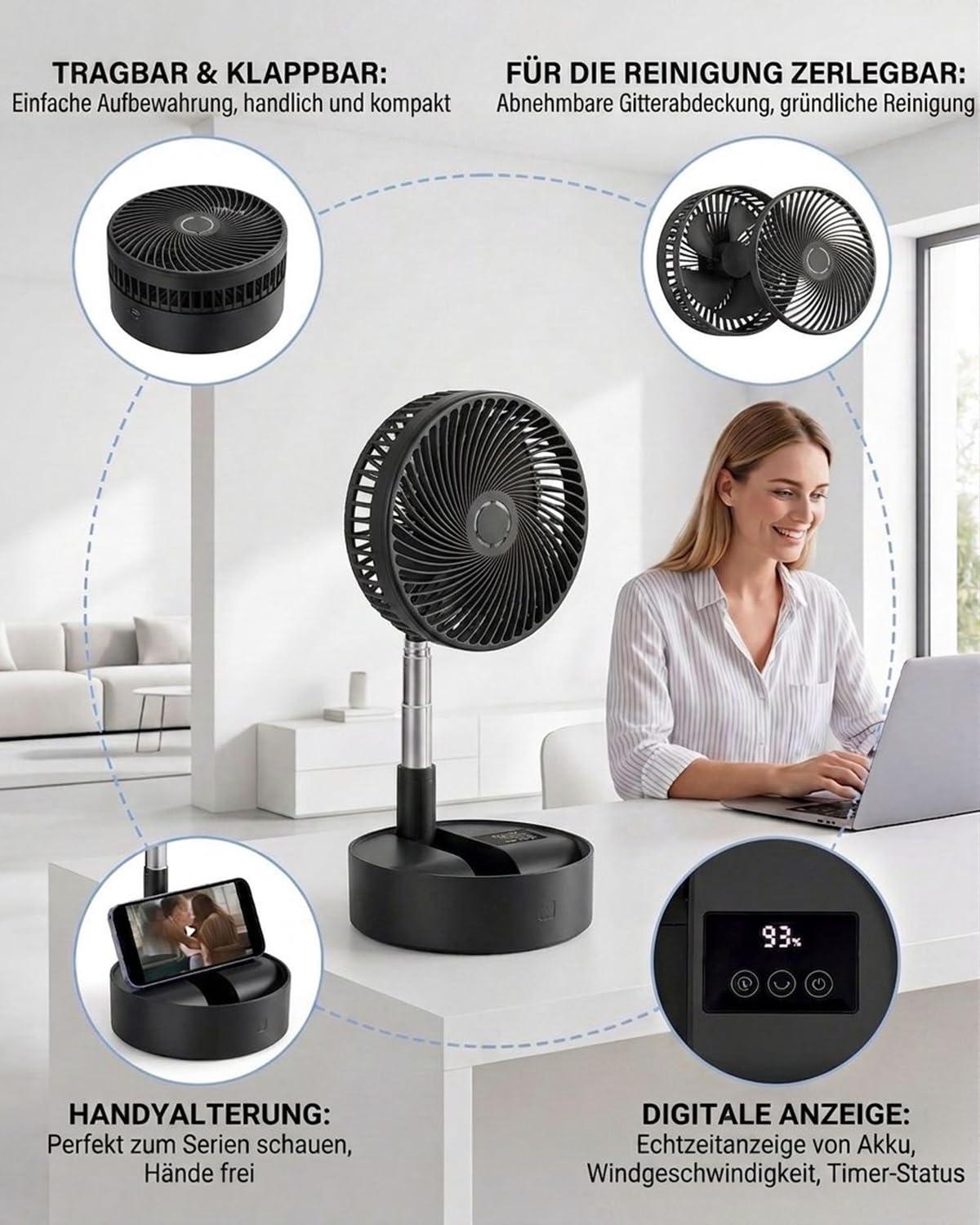 Leise 8" Tragbarer Standventilator mit Fernbedienung, 8000mAh Akku Aufladbar USB C Tischventilator, 5 Geschwindigkeitsstufen, 90°/120°-Oszillation, 1–8-Stunden-Timer, für Schlafzimmer(Schwarz)