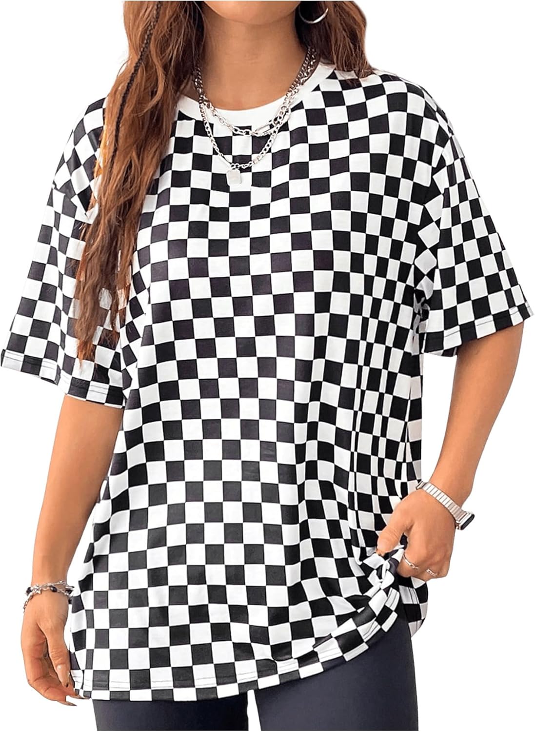 SOLY HUX Women's Checkered Shirts Oversized T Shirts Casual Trendy Short Sleeve Crew Neck Tee Tops