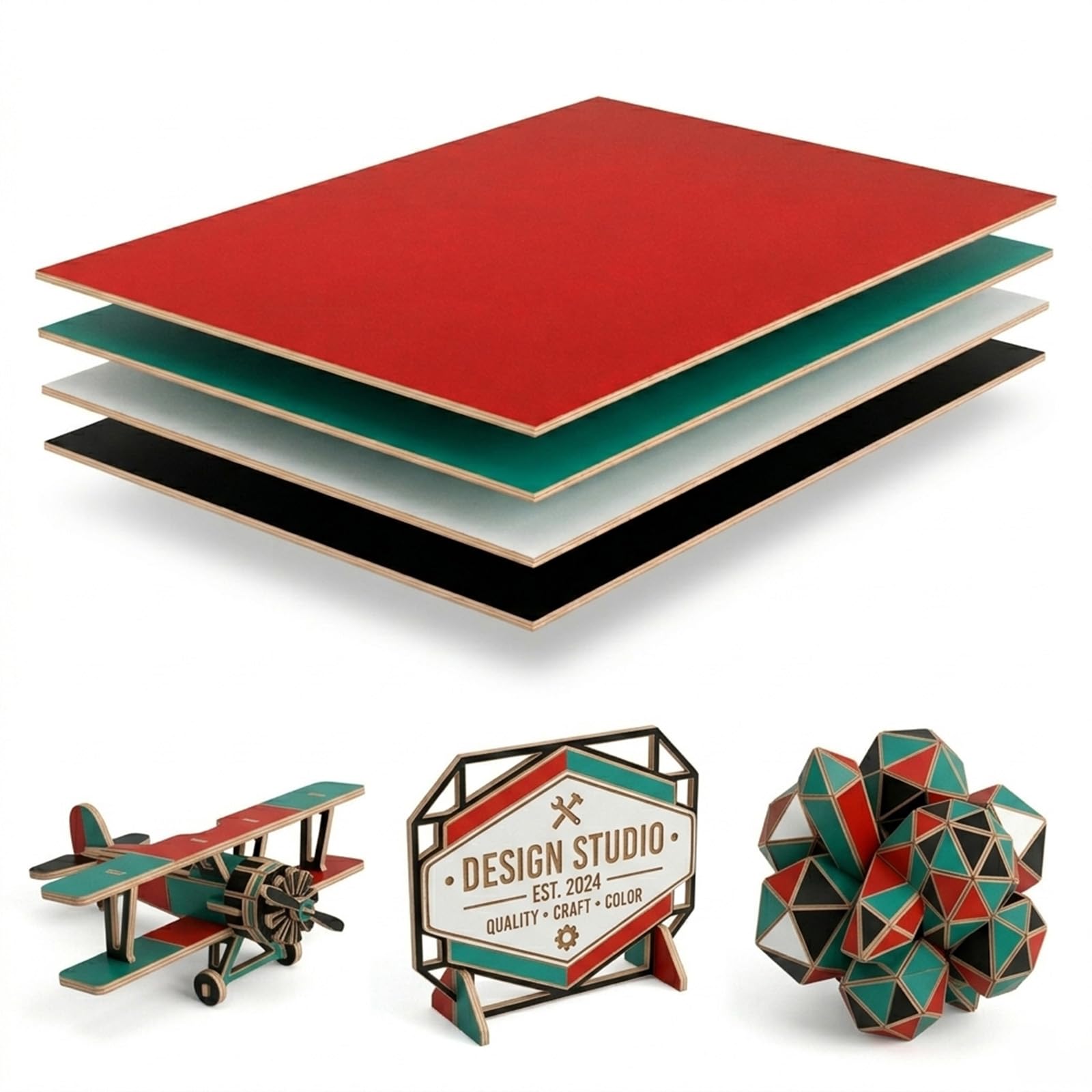 Creatorally Mixed Colours 3mm Plywood Sheets A4 297 x 210mm – Double-Sided Pre-Painted Coloured Plywood Sheets for Laser Cutting, Engraving & Craft Projects (4 Pack)