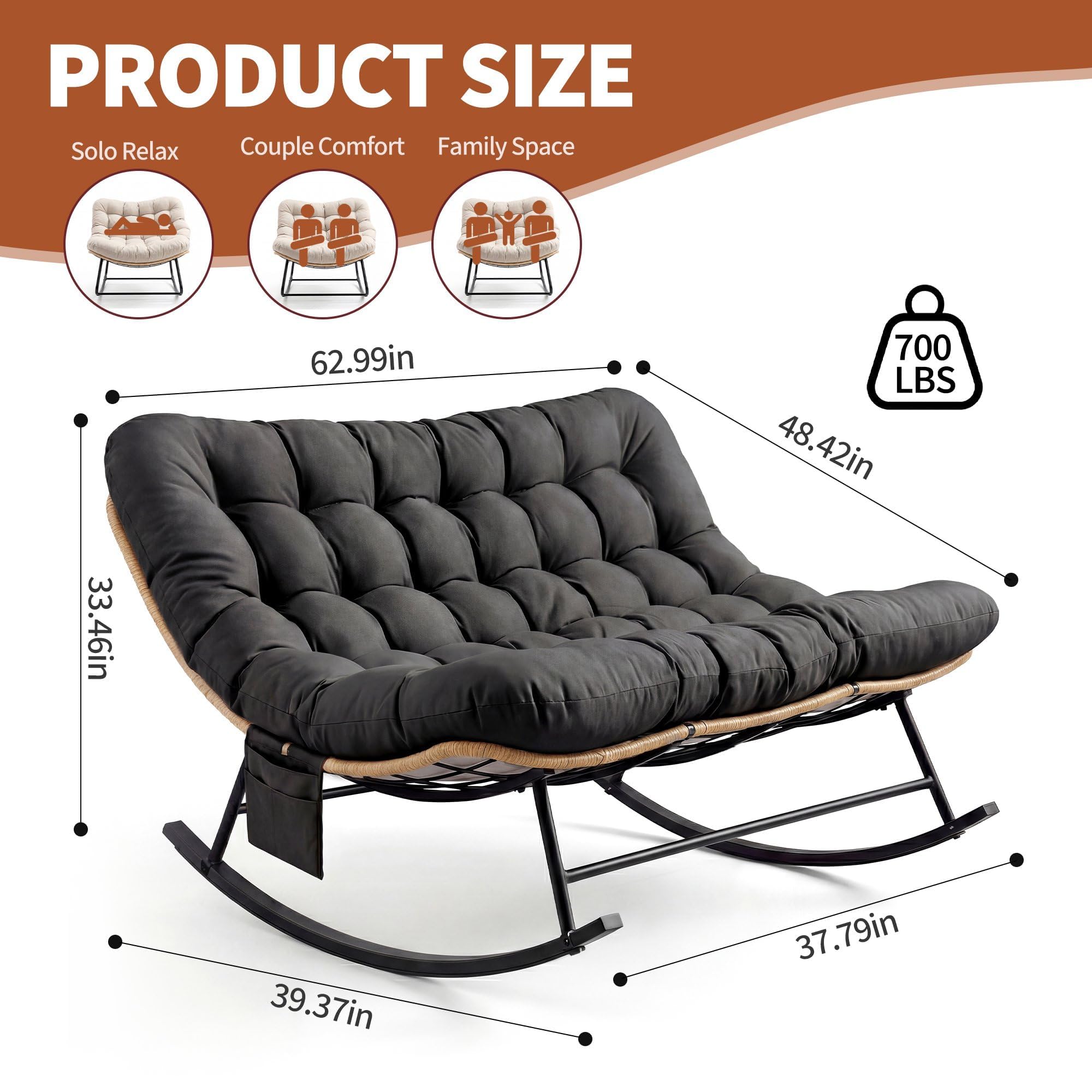 Garvee Silla Mecedora Robusta para Dos Personas - Cojín Grueso Impermeable, Estructura metálica, Capacidad 450 LB - Patio, jardín o Sala - Ratán Amarillo con cojín Negro, Doble