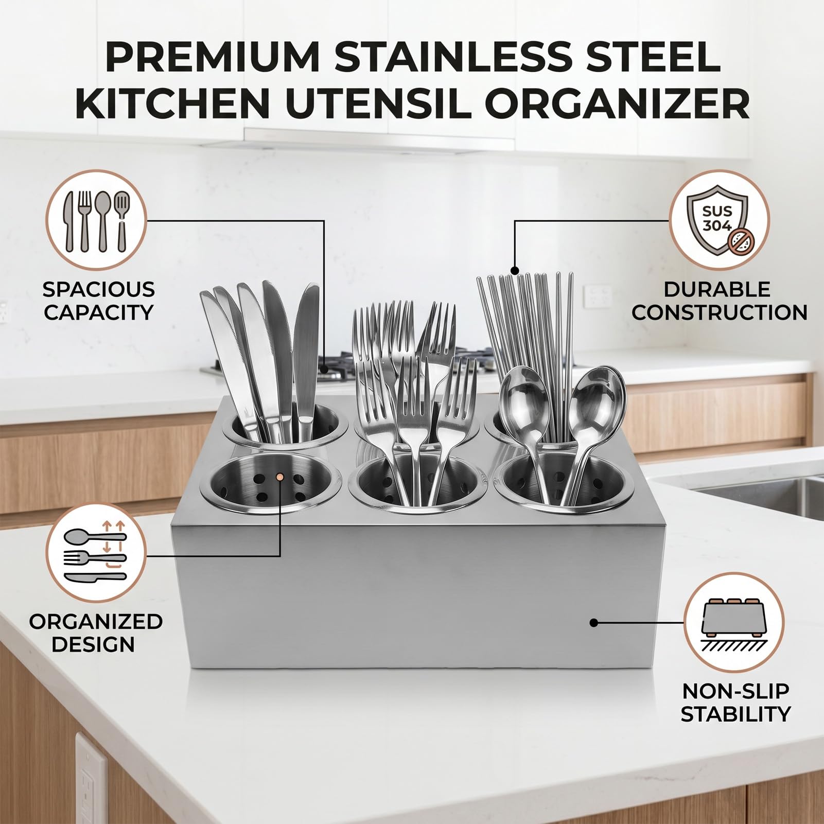 TOPINCN Soporte para Cubiertos de Acero Inoxidable con 6 Compartimentos, Organizador Perforado para Cubiertos, Cesta de Almacenamiento para para Cocina, Encimera, Restaurante,