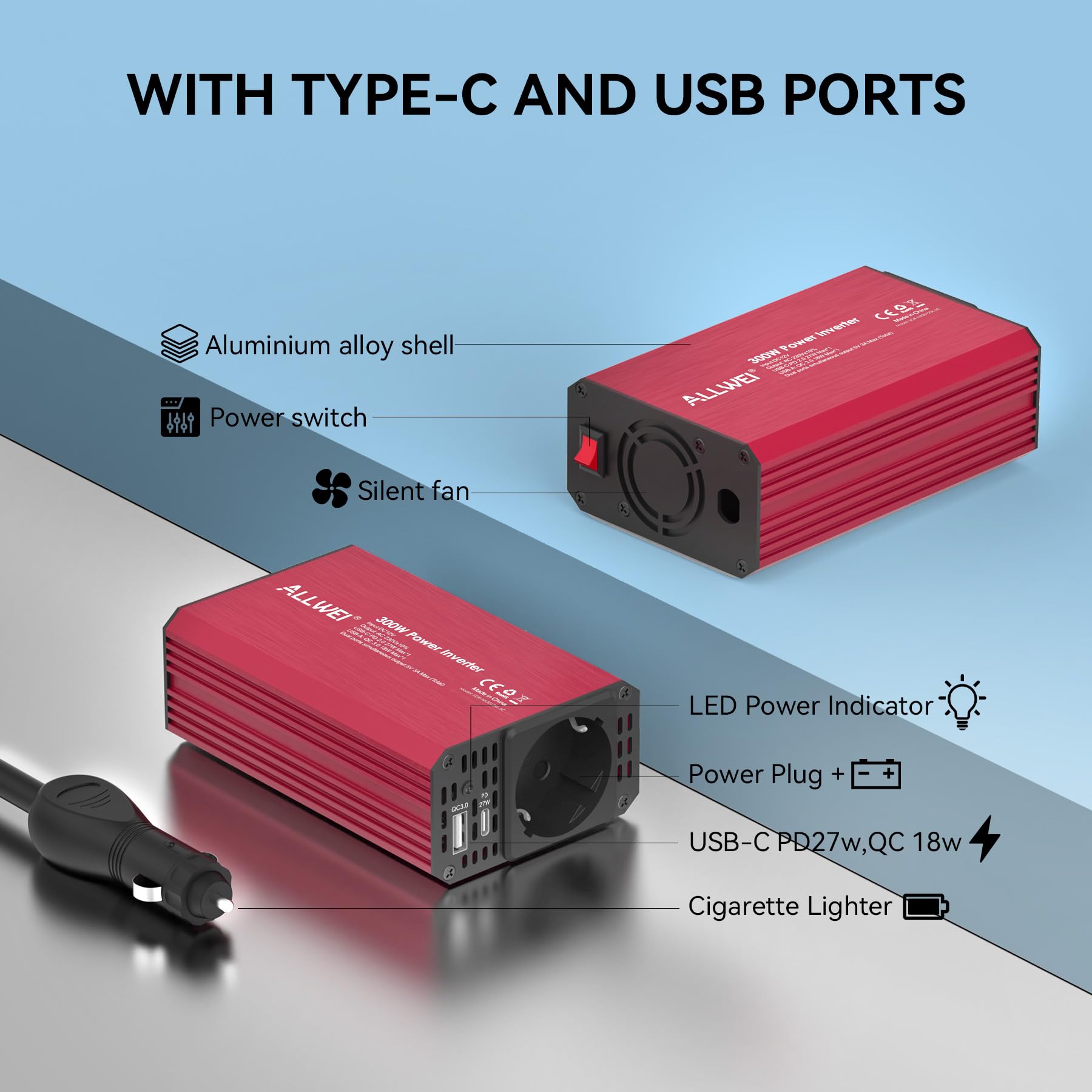ALLWEI Przetwornica napięcia 300 W, 12 V, 230 V, falownik z przyłączem typu C i USB – do samochodu, przyczepy kempingowej, na kemping, do ładowania telefonów komórkowych, laptopów i innych urządzeń