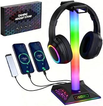 RGB Gaming Headset Stand, LED Headset Holder with 3 Charging Ports 2 USB & 1 Type-C & 10 Lighting Modes, Headphone Stand Cool Stuff for Boys, Desk PC Gaming Accessories Gifts for Gamers Men Adult