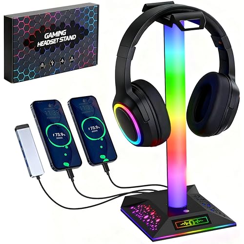 RGB Gaming Headset Stand, LED Headset Holder with 3 Charging Ports (2 USB & 1 Type-C) & 10 Lighting Modes, Headphone Stand Cool Stuff for Boys, Desk PC Gaming Accessories Gifts for Gamers Men Adult