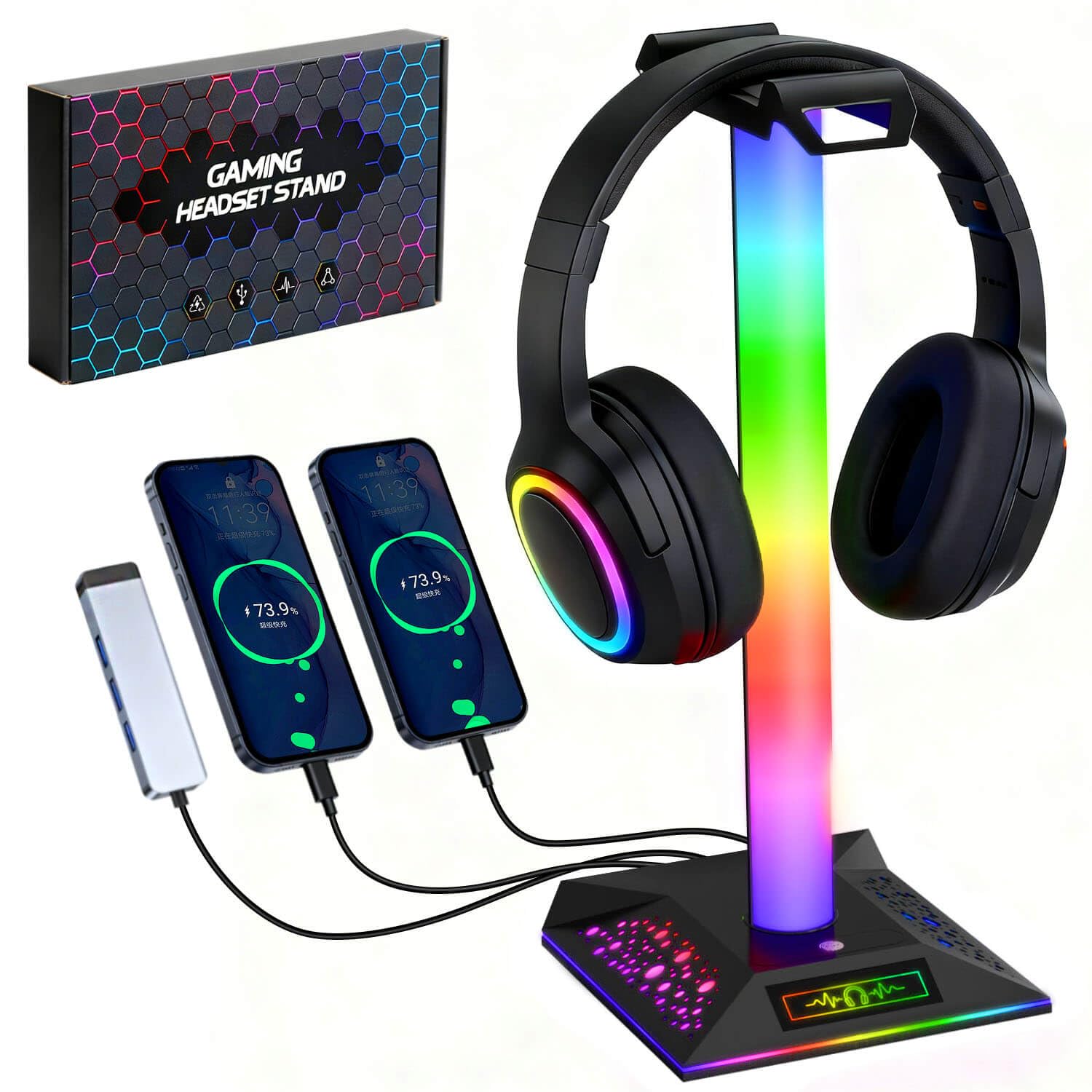 RGB Gaming Headset Ständer, LED Headset Halter mit 3 Ladeanschlüssen (2 USB & 1 Type-C) & 10 Beleuchtungsmodi, Kopfhörerständer Cool Stuff für Jungen, Schreibtisch PC Gaming Zubehör Geschenke für