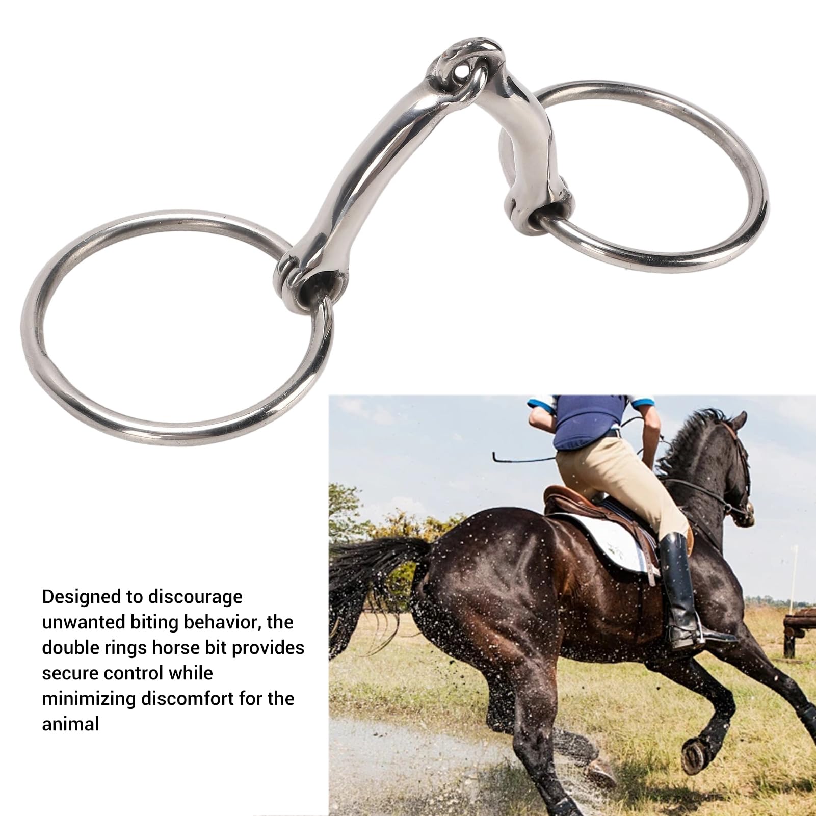 Qcwwy Pferdemaulgebiss, Edelstahl-D-Ring-Trense, Ideal für Training und Reiten, Sichere Kontrolle, Effektive Beißprävention, Western-Trainings-Reitwerkzeug