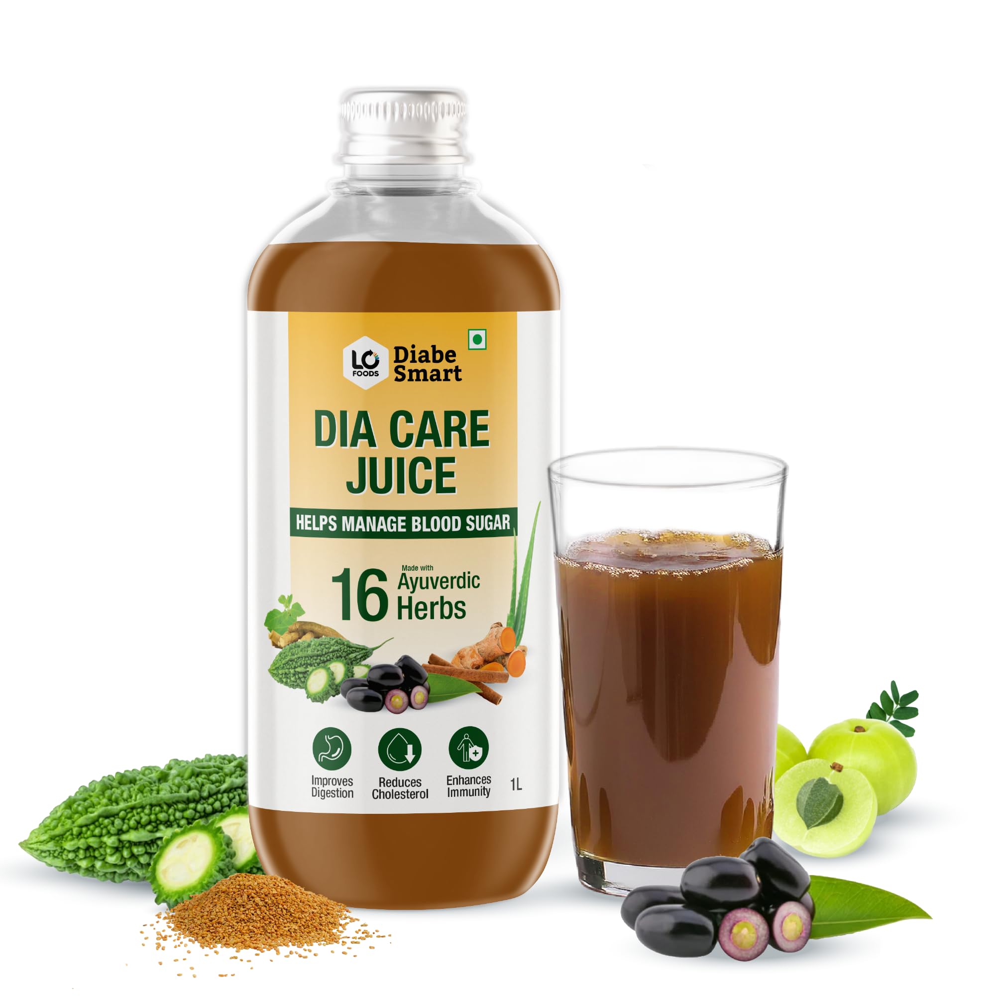 DiabeSmart Dia Care Juice 1L, Made with 16 Clinically Proven Natural Herbs, Only Diabetics Juices with Triphala & Turmeric, Karela Jamun, Diabetic & Cholesterol Care