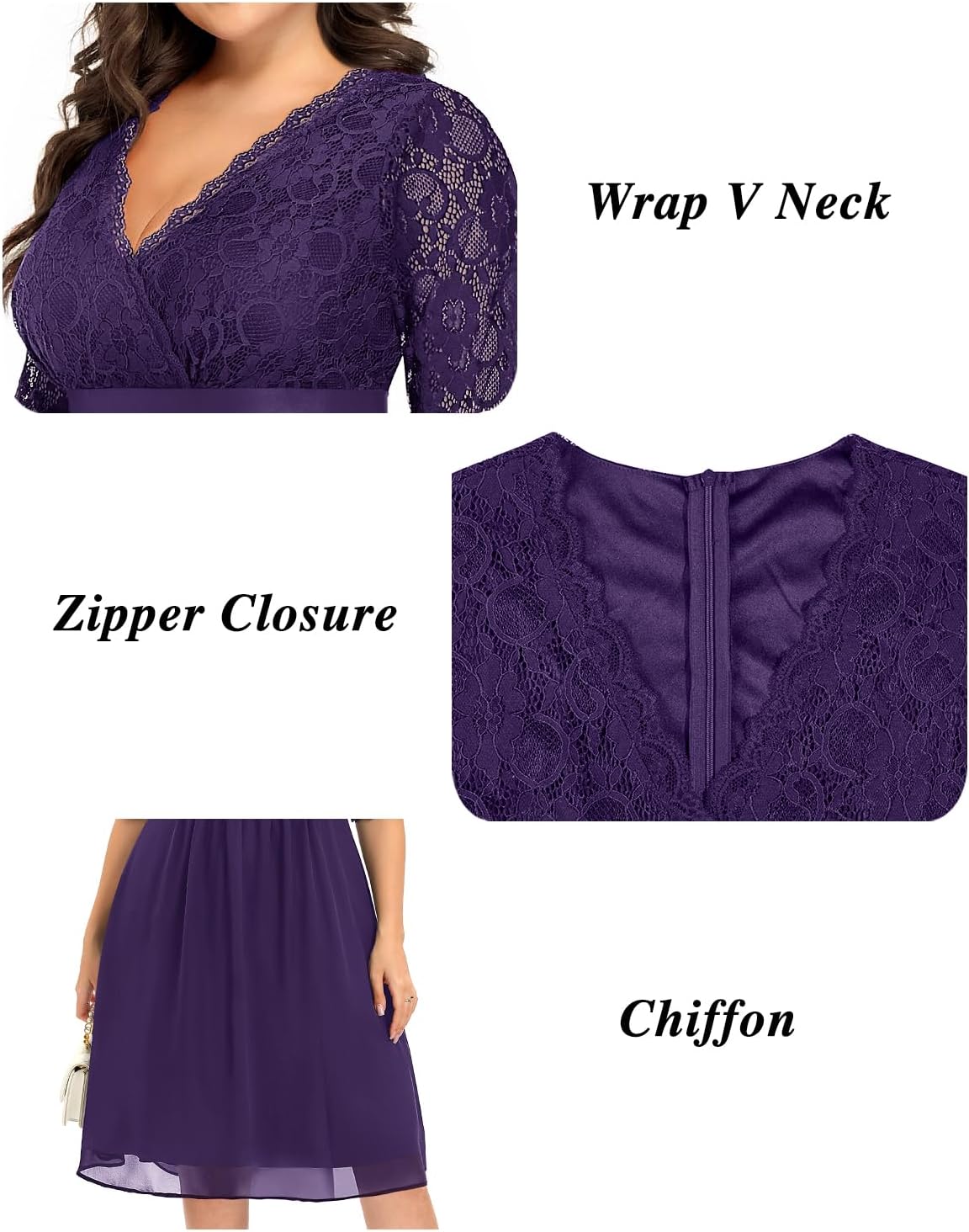 Pinup Fashion Plus Size Lace Chiffon Wrap V Neck Dresses Women Cocktail Wedding Guest Midi Dress - Image 5