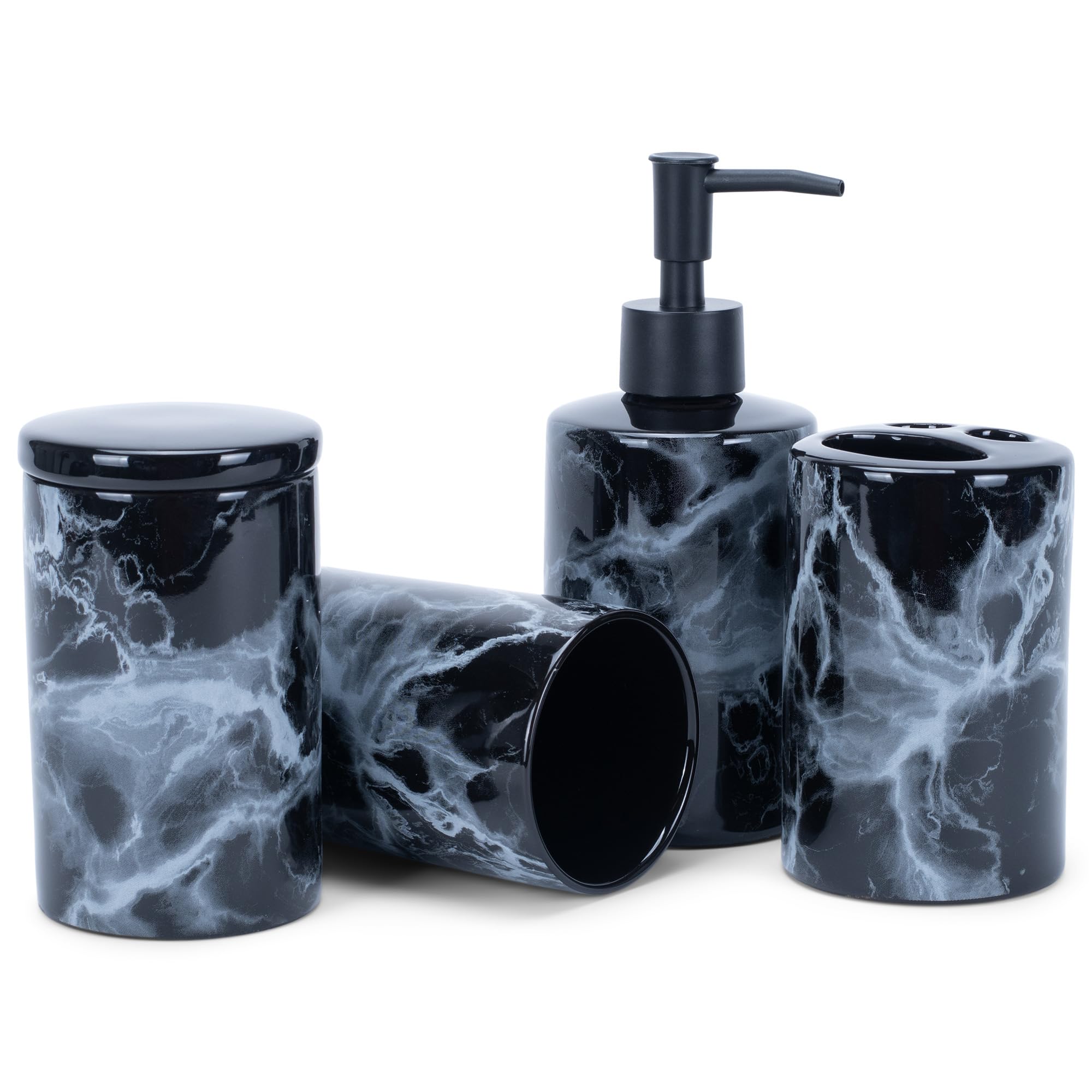NAT & Jules Chic Modern Rounded 4.5 inch Ceramic Bathroom Accessories Set of 4 - Home Décor & Organization Perfect for Bath or Kitchen Household Essentials, Marbled Black and White