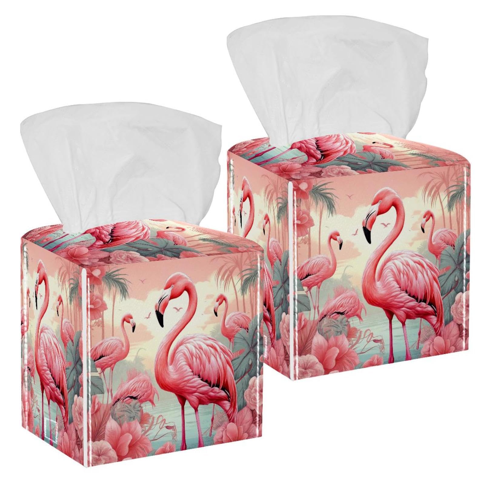 Flamingo Tissue Box Cover, 2 Pack PU Leather Square Facial Tissue Dispenser Box holder for Home Office Car