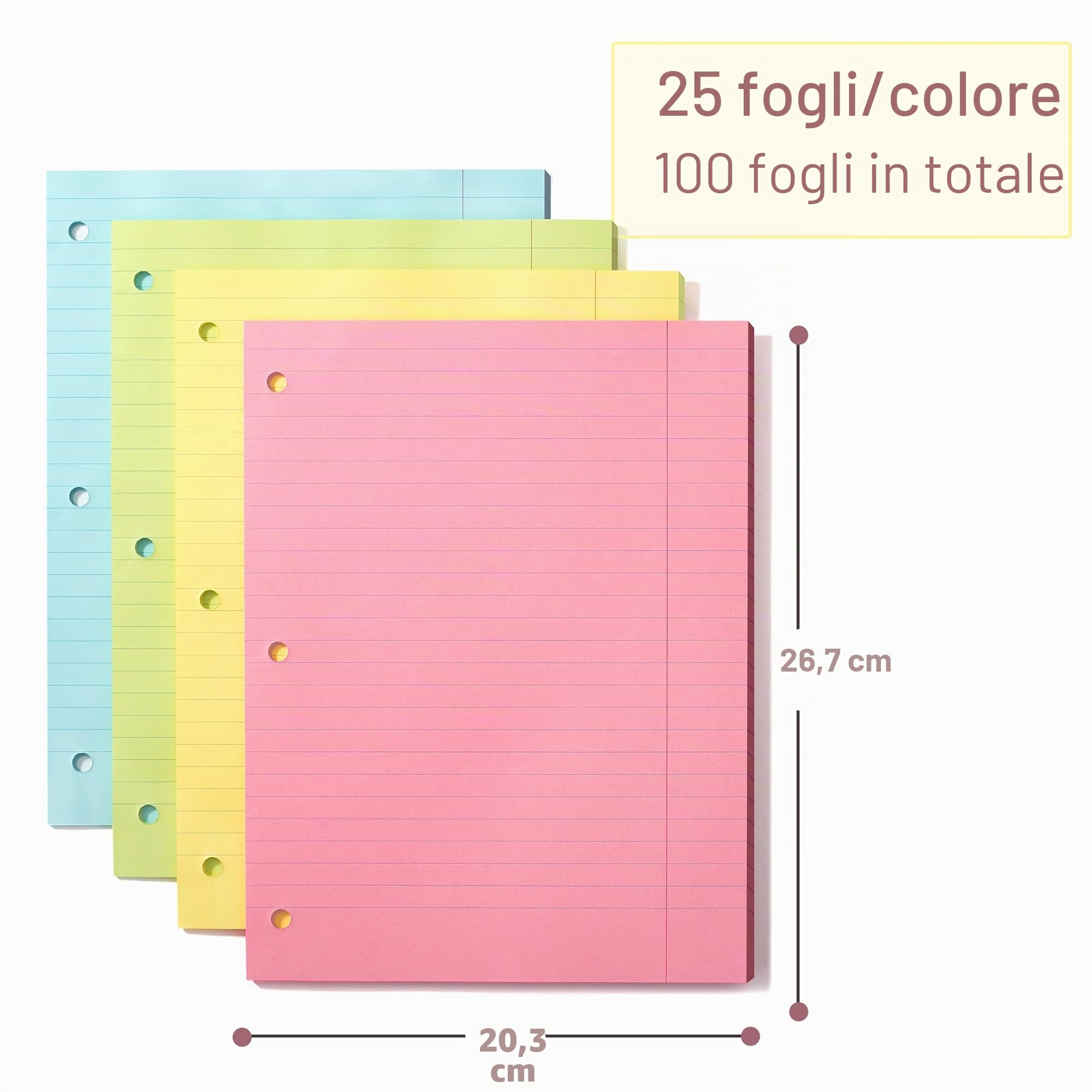 Mr. Pen Carta sciolta colorata a righe larghe 100 fogli 20,3 x 26,7 cm 3 fori perforati per taccuino