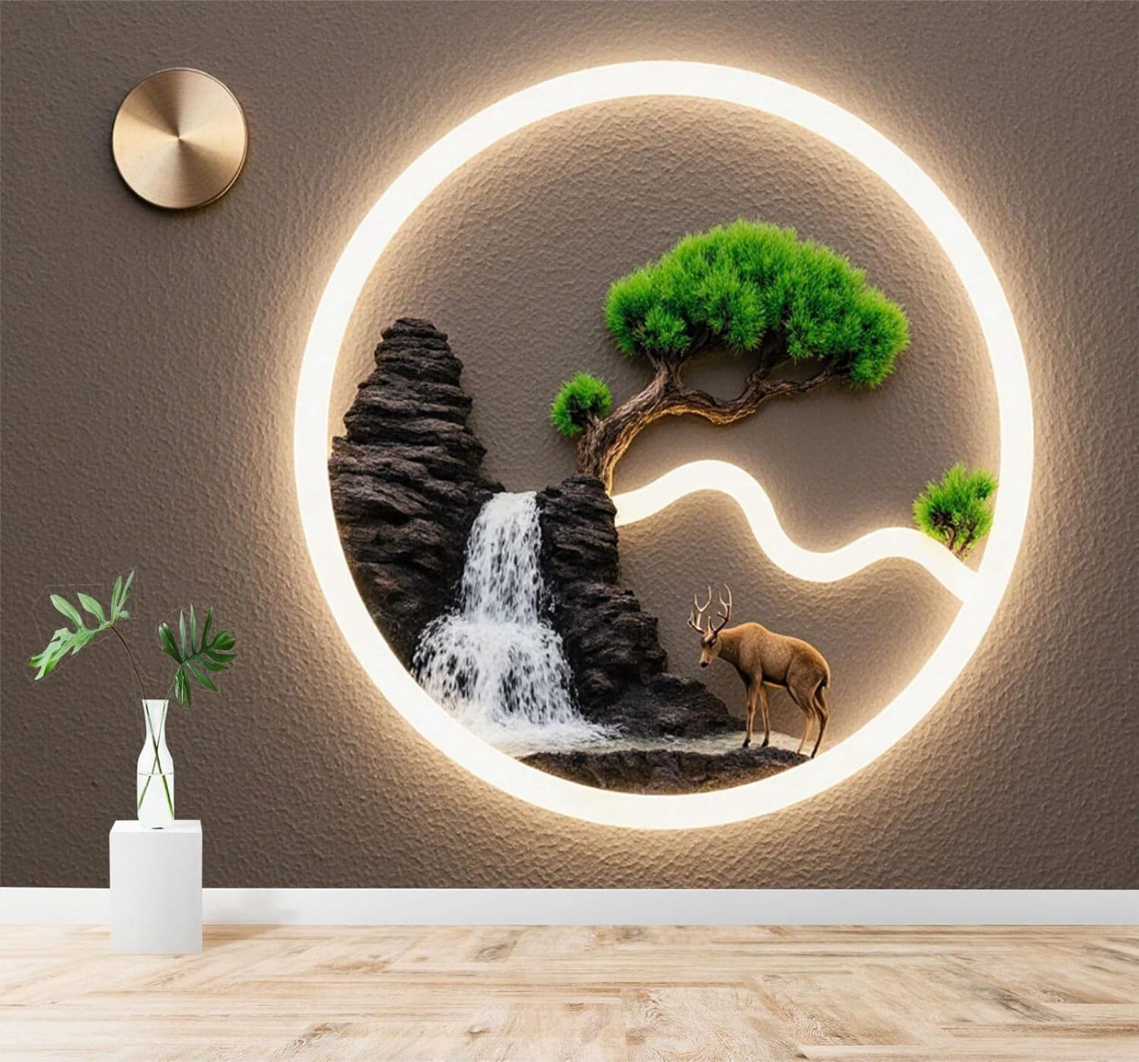 XLMING Waterfall Deer Bonsai Circular Light and Shadow Art 3D Wallpaper Silky Texture Home Study Office Grey Dining Room Sofa Bedroom Living Room TV Backdrop-400cm×280cm