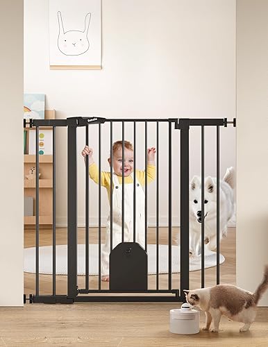 Miniatura 10 de Babelio - Puerta de seguridad con cierre automático para bebés con puerta para gatos, puerta de metal de 73-109 cm para puertas, escaleras, casa,