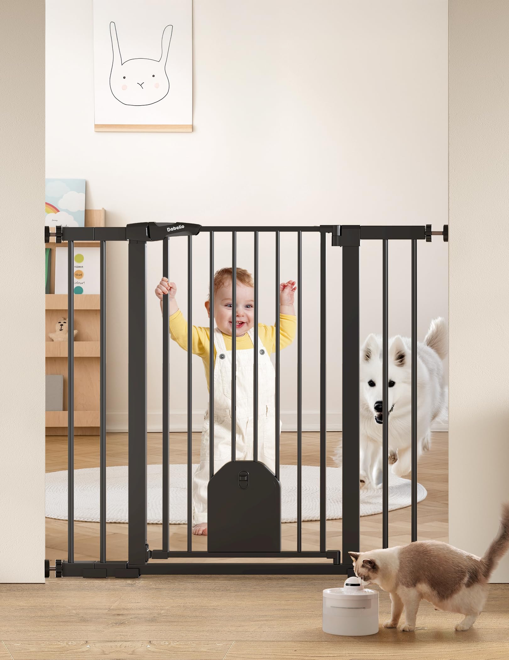 Babelio 36" Tall Auto Close Baby Gate with Small Cat Door, 29-43" Metal Cat Gate for Doorway, Stairs, House. Easy Walk Thru Dog Gate with pet Door, Includes 4 Wall Cups and 3 Extension Pieces, Black