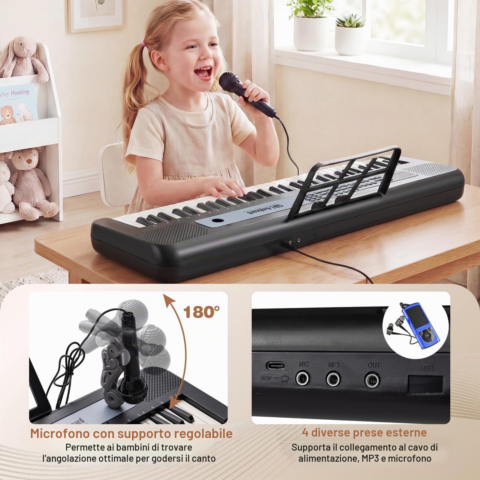 FANTASK Pianoforte digitale a 61 tasti, tastiera per bambini con supporto regolabile, microfono e leggio, pianoforte elettronico per bambini con suoni, demo e ritmi, per bambini dai 3 anni in su, nero