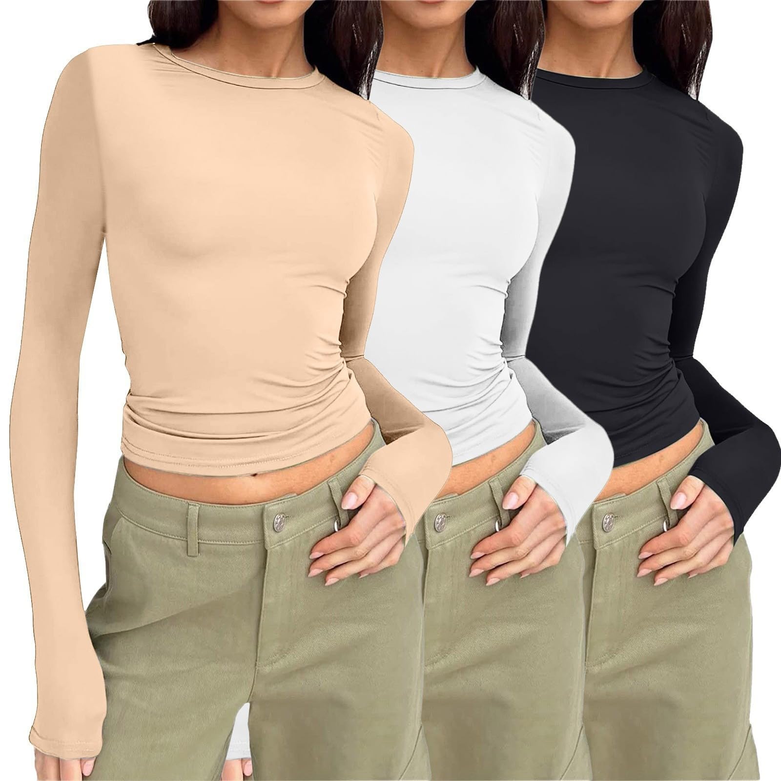 3er Pack T-Shirt Damen Rundhals Tshirt Eng Damen Basic Y2k Top Einfarbig Shirt Kurzarm/Langarm Slim Fit Tshirts