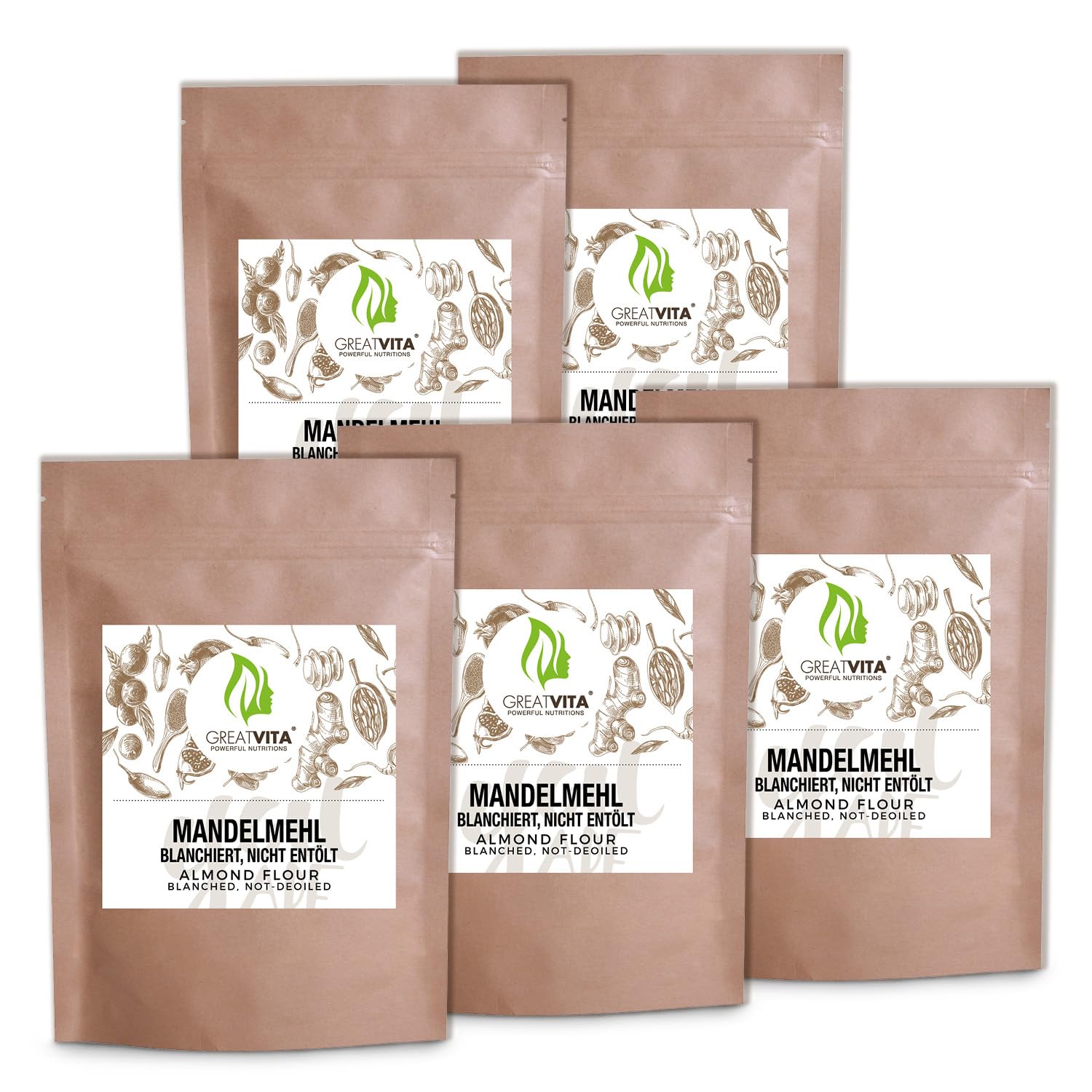 GreatVita mąka migdałowa, 5 x 1000 g, naturalna i blanszowana, drobna mąka ze zmielonych migdałów, idealna do kuchni niskowęglowodanowej, pieczenia i panierowania, bogata w białko i błonnik, wegańska
