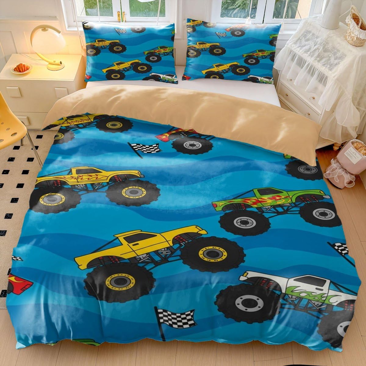 Kinder-Bettwäsche-Set mit Monster-Truck-Motiv, weiche Mikrofaser, Motiv: Monster-Truck, für Jungen-Schlafzimmer, Dekoration (Stil 4, Einzelbett 135 x 200 cm + 50 x 75 cm x 2)