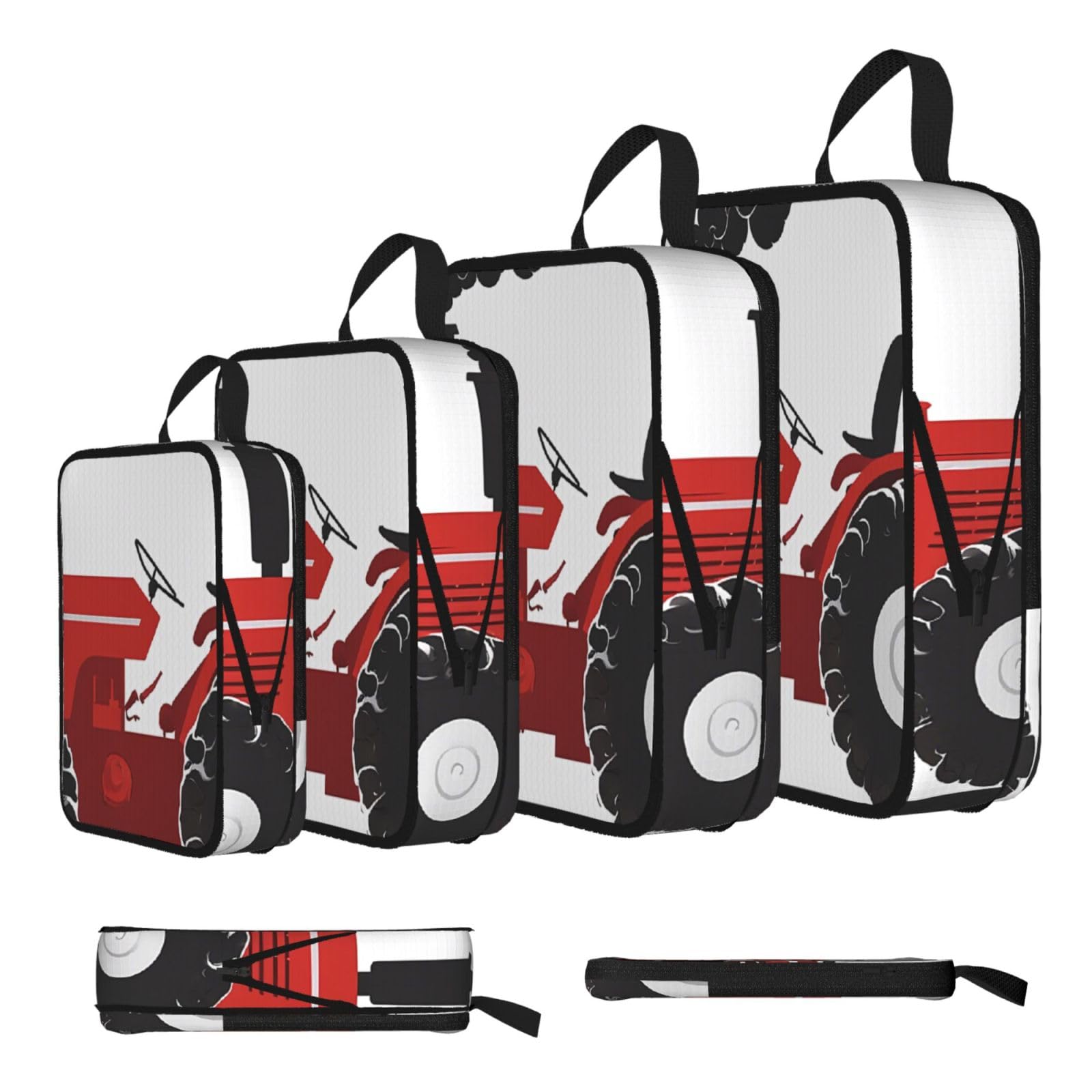 Ezdlowvba Black Cartoon Tractor Print Compression Packing Cubes 4-Piece Set With Multi- Compartment Travel Bag, Waterproof Suitcase Organiser Bags