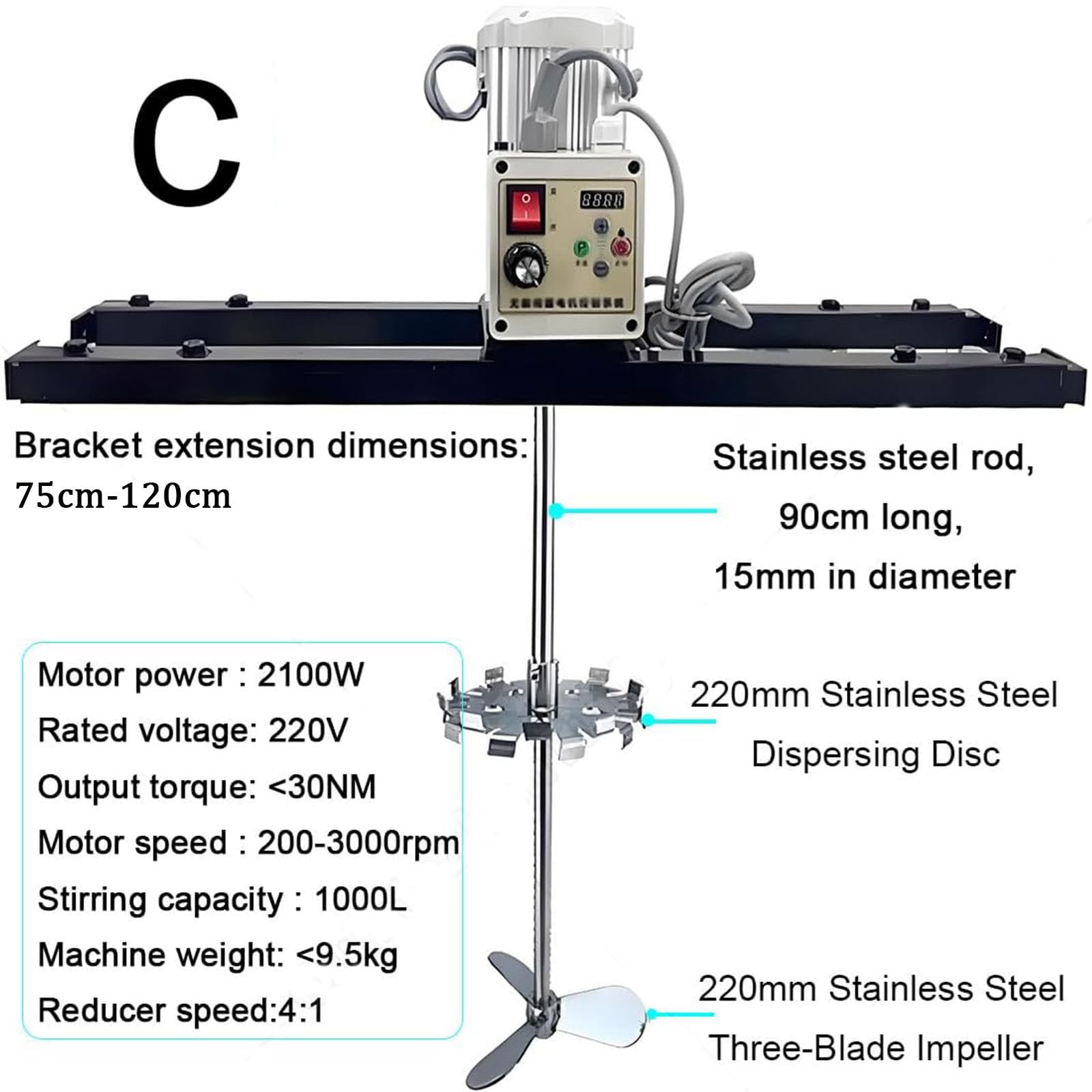 Máquina agitadora de pintura,Mezclador de mano IBC neumático,Agitador eléctrico industrial IBC,2100W,Velocidad ajustable de 1 tonelada/1000L, Percha for pintura de barriles abiertos(C)