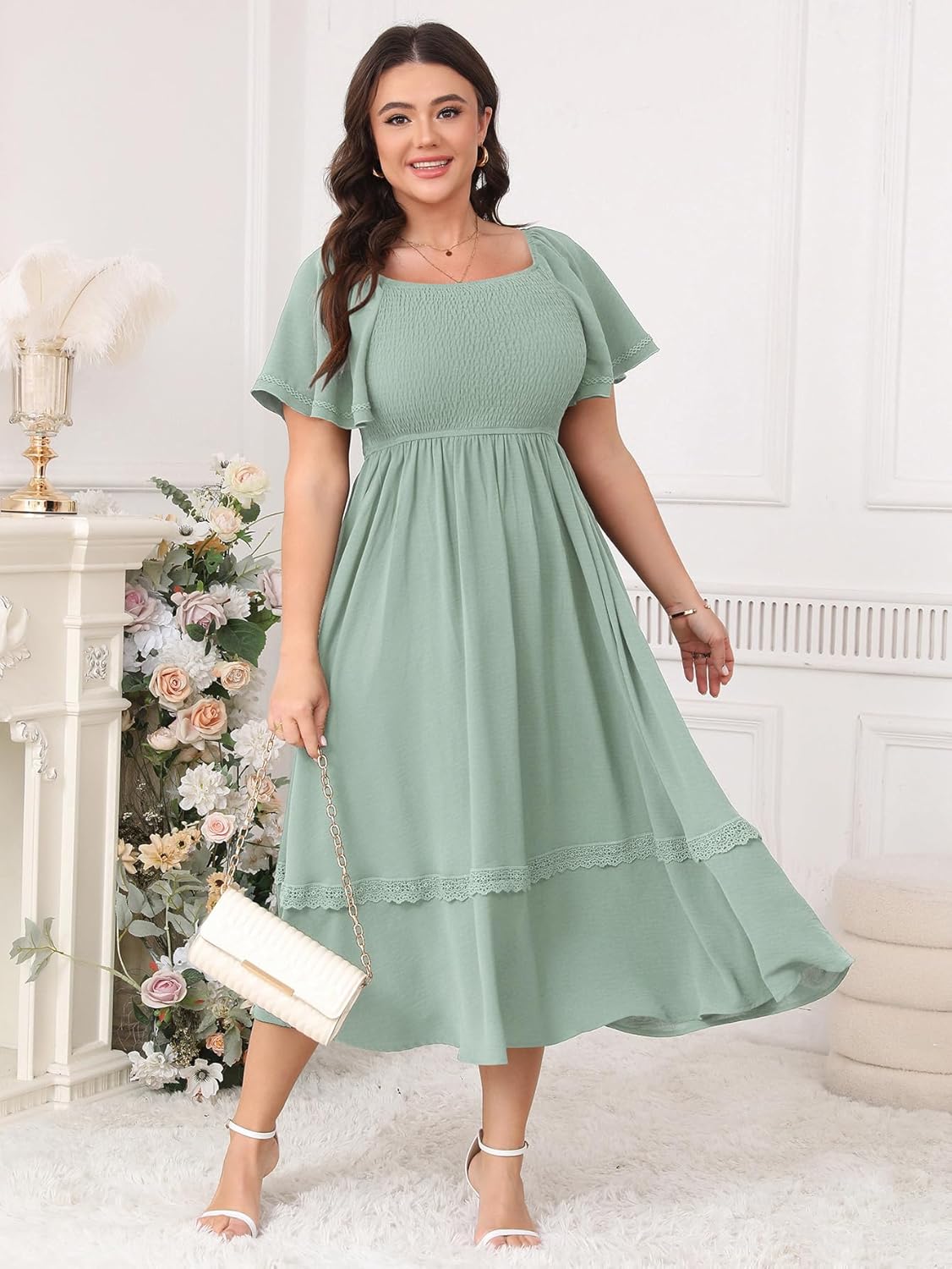 Plus Size Maxi Dresses for Curvy Women Short Sleeve Square Neck Smocked Flowy Formal Wedding Guest Dress Lace Trim - Image 6