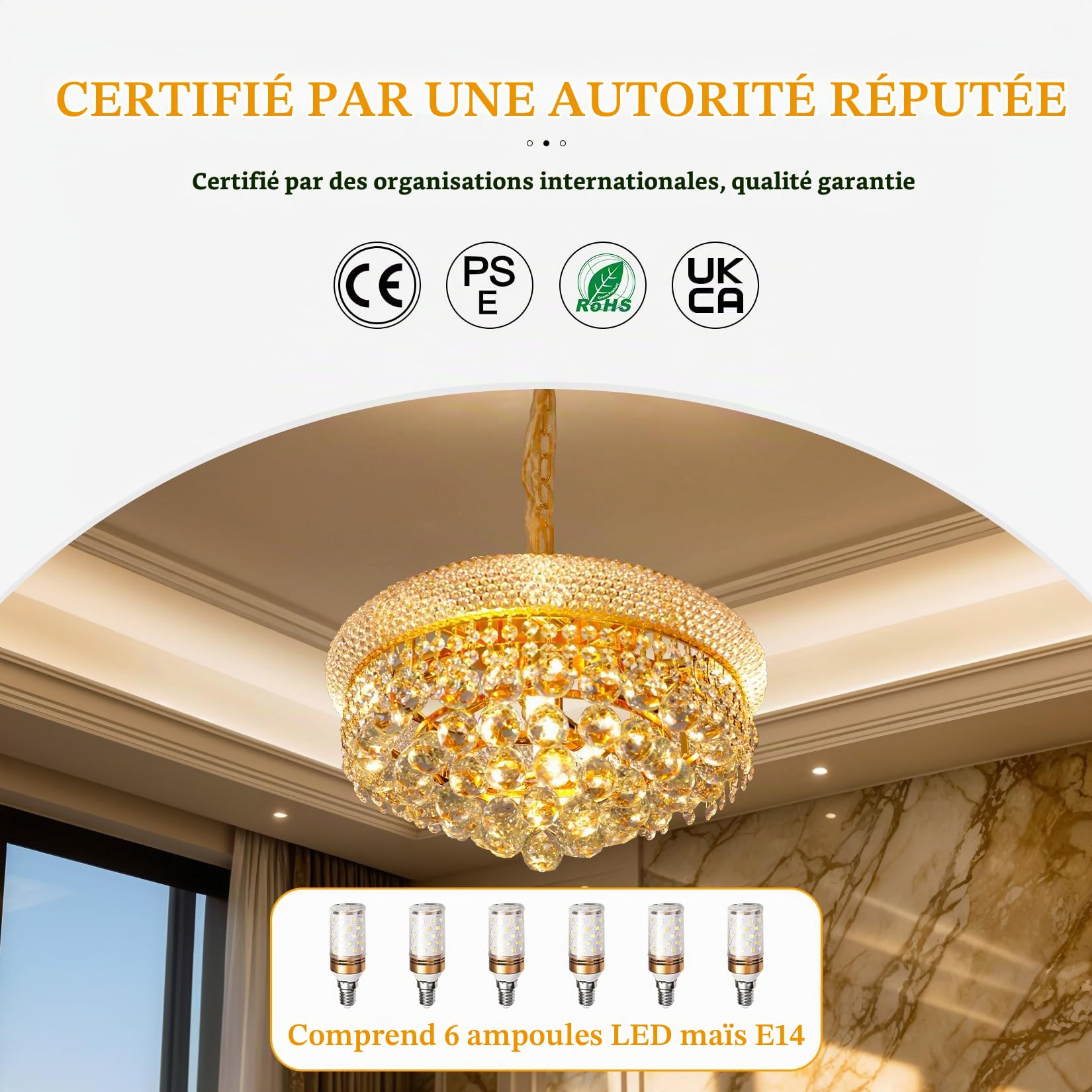 Lustre Cristal K9 Doré 46 cm, Hauteur Réglable, 6 x E14 Incluses