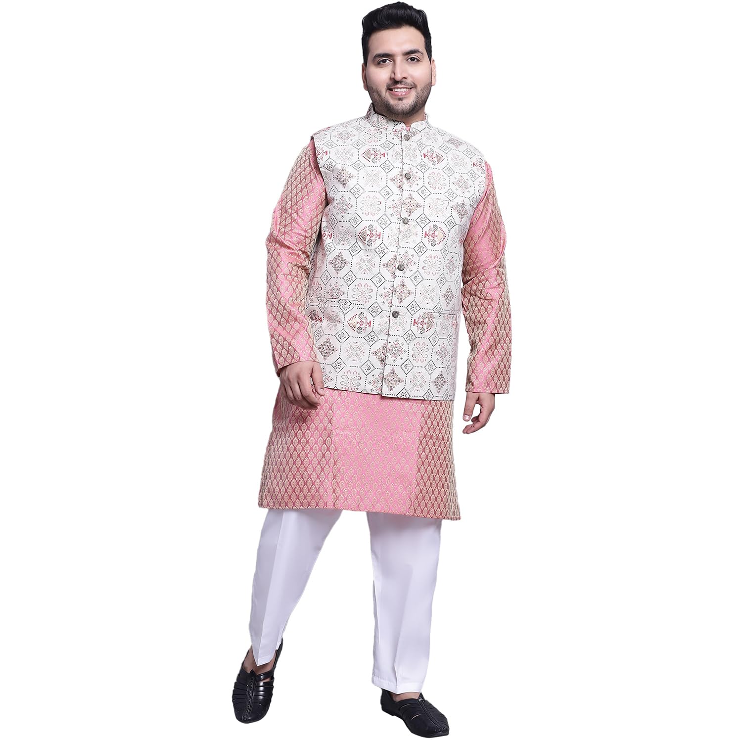 SOJANYA (Since 1958 Men's Silk Blend Pink Kurta & Yellow Printed Nehrujacket with White Pyjama